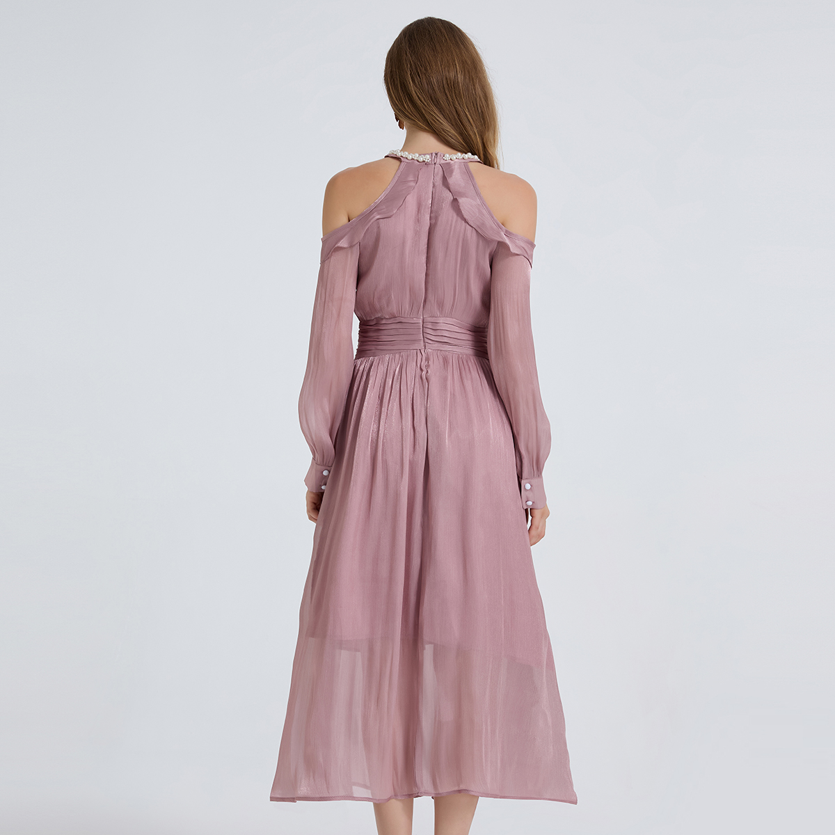 Realistic French Romantic Long Sleeve Heavy duty Nail Bead Flowing Light Off Shoulder Dress with Folding Waist Realistic French Romantic Long Sleeve Heavy duty Nail Bead Flowing Light Off Shoulder Dress with Folding Waist
