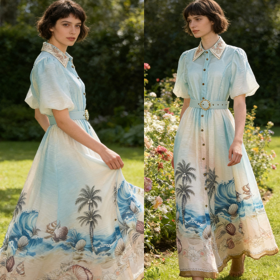 Australian retro printed elegant socialite temperament with a lapel and bubble sleeves, short sleeved summer waist slimming dress, long skirt Australian retro printed elegant socialite temperament with a lapel and bubble sleeves, short sleeved summer waist slimming dress, long skirt