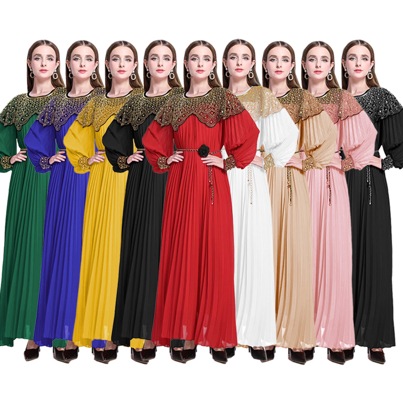 Light luxury high-end embroidered bead sequin round neck long sleeved dress, super fairy pleated elegant dress