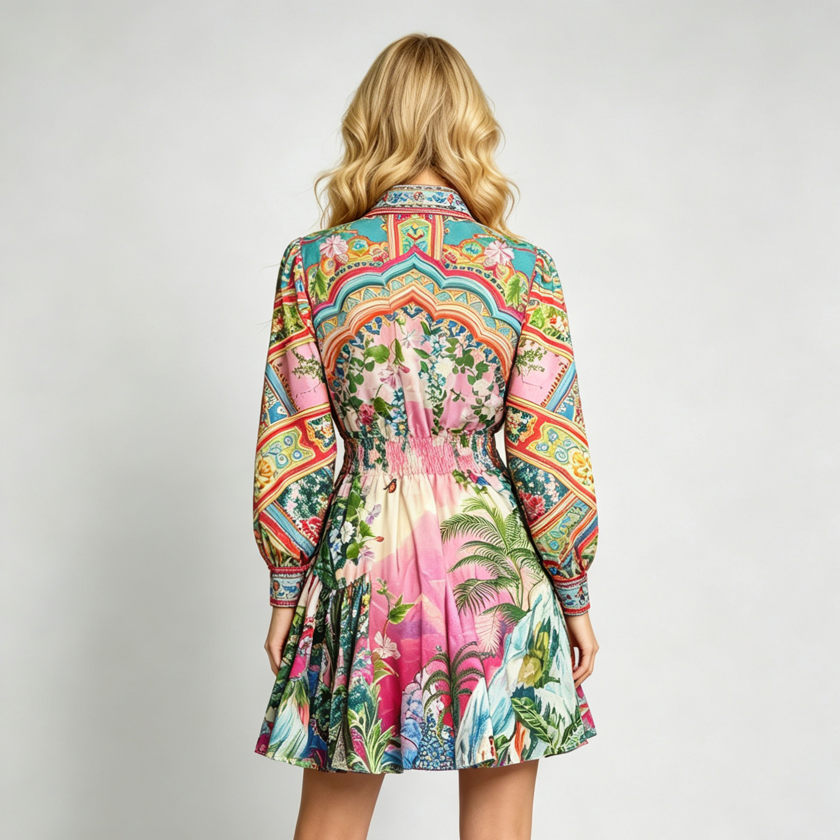 Temperament printed shirt collar strap waist cinched cotton linen long sleeved dress high waisted elastic A-line skirt Temperament printed shirt collar strap waist cinched cotton linen long sleeved dress high waisted elastic A-line skirt