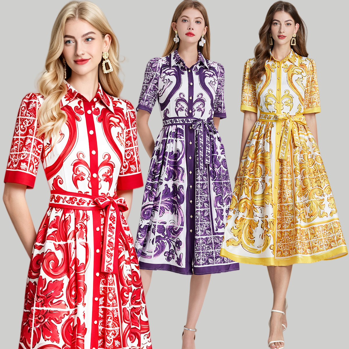 Summer positioning: Printed lapel tie, waist cinching shirt dress, big swing A-line skirt
