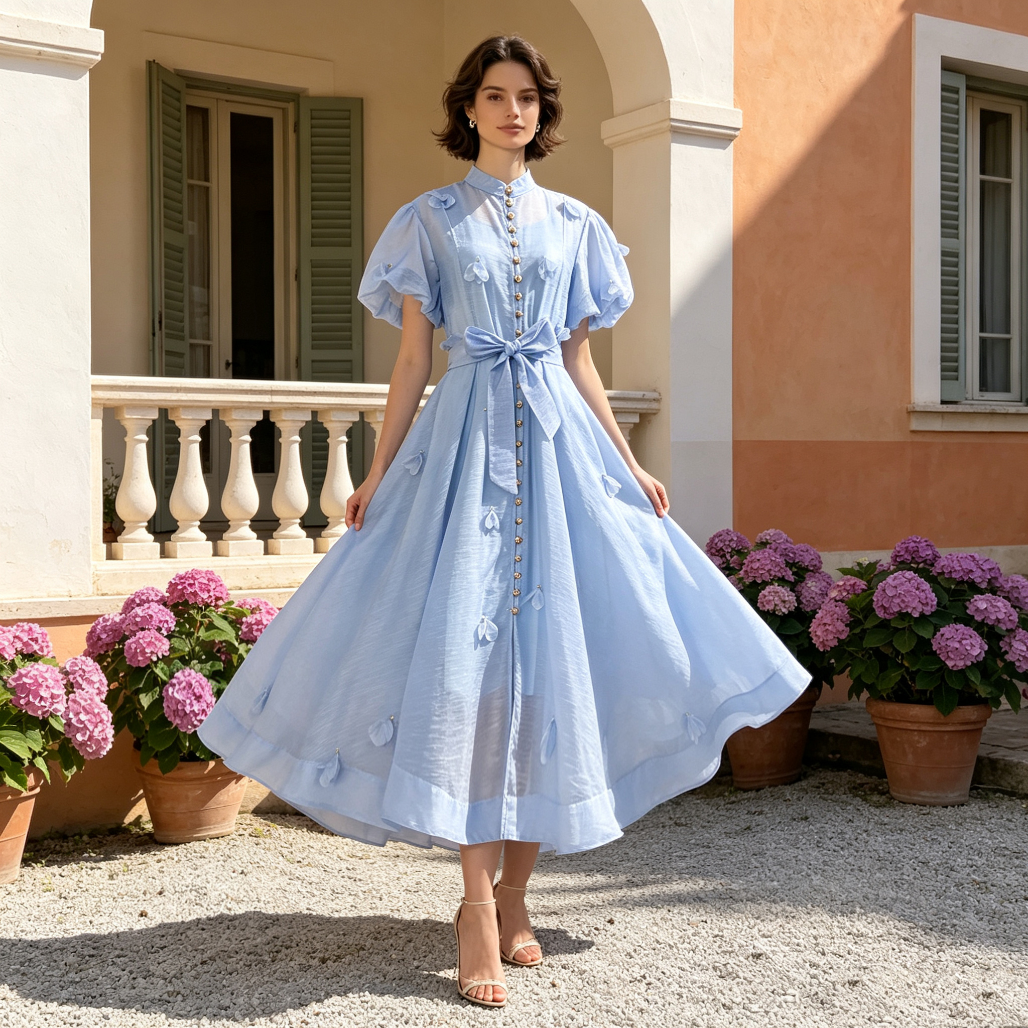 Summer elegant socialite temperament retro printed bubble sleeves short sleeved stand up collar single breasted waist slimming dress long Summer elegant socialite temperament retro printed bubble sleeves short sleeved stand up collar single breasted waist slimming dress long