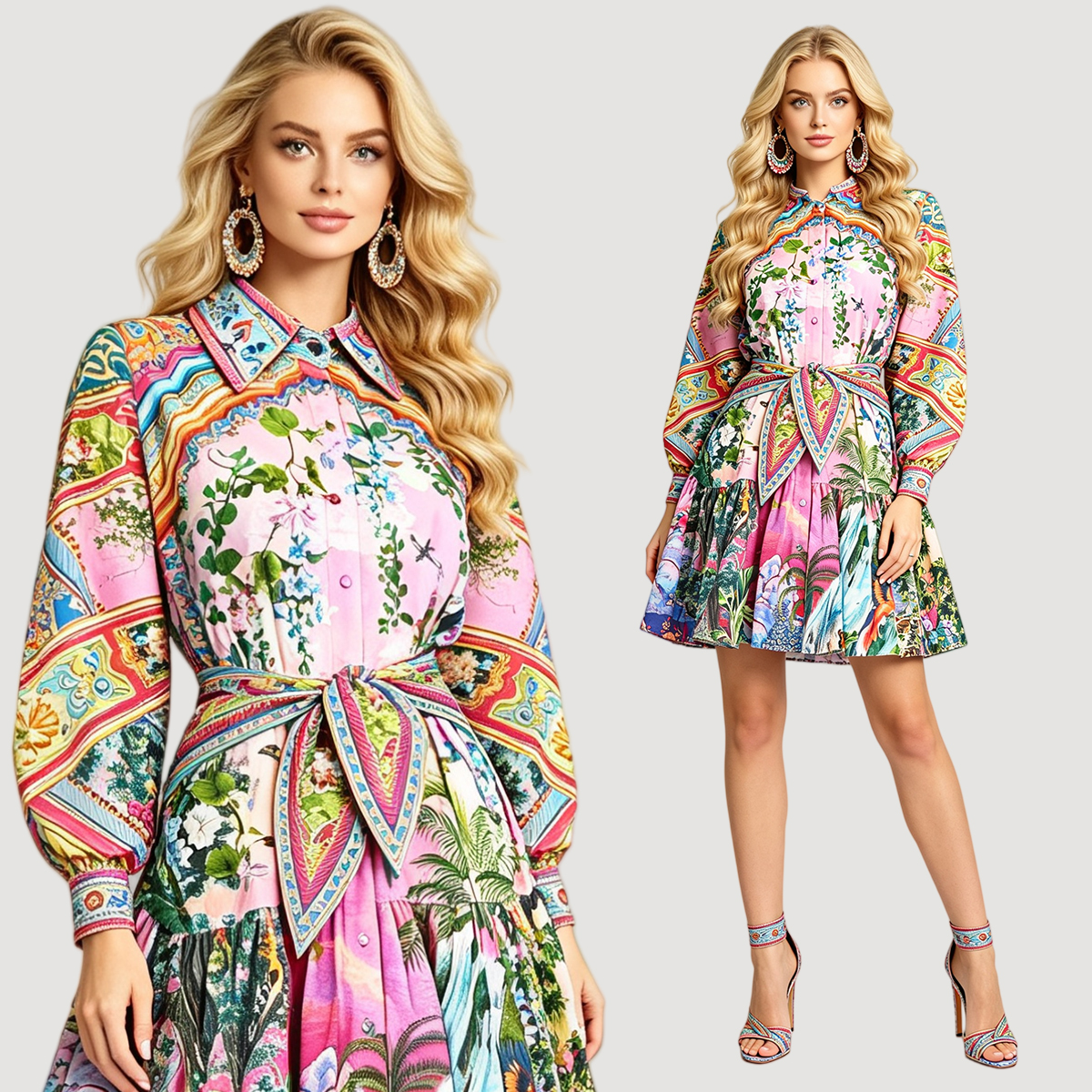 Temperament printed shirt collar strap waist cinched cotton linen long sleeved dress high waisted elastic A-line skirt