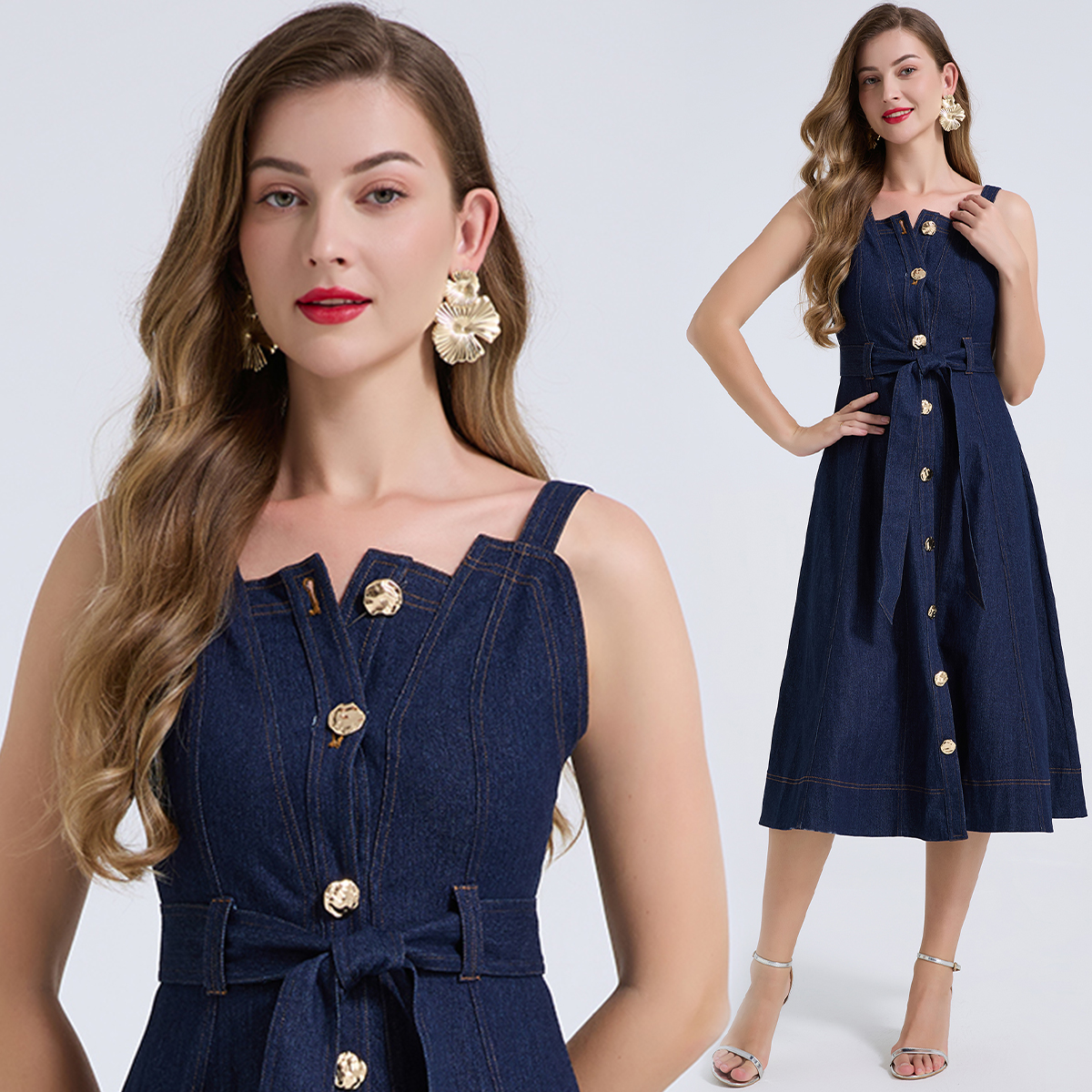 Real time shooting of fashionable denim slim fit high waist strap dress, metal buckle vest dress