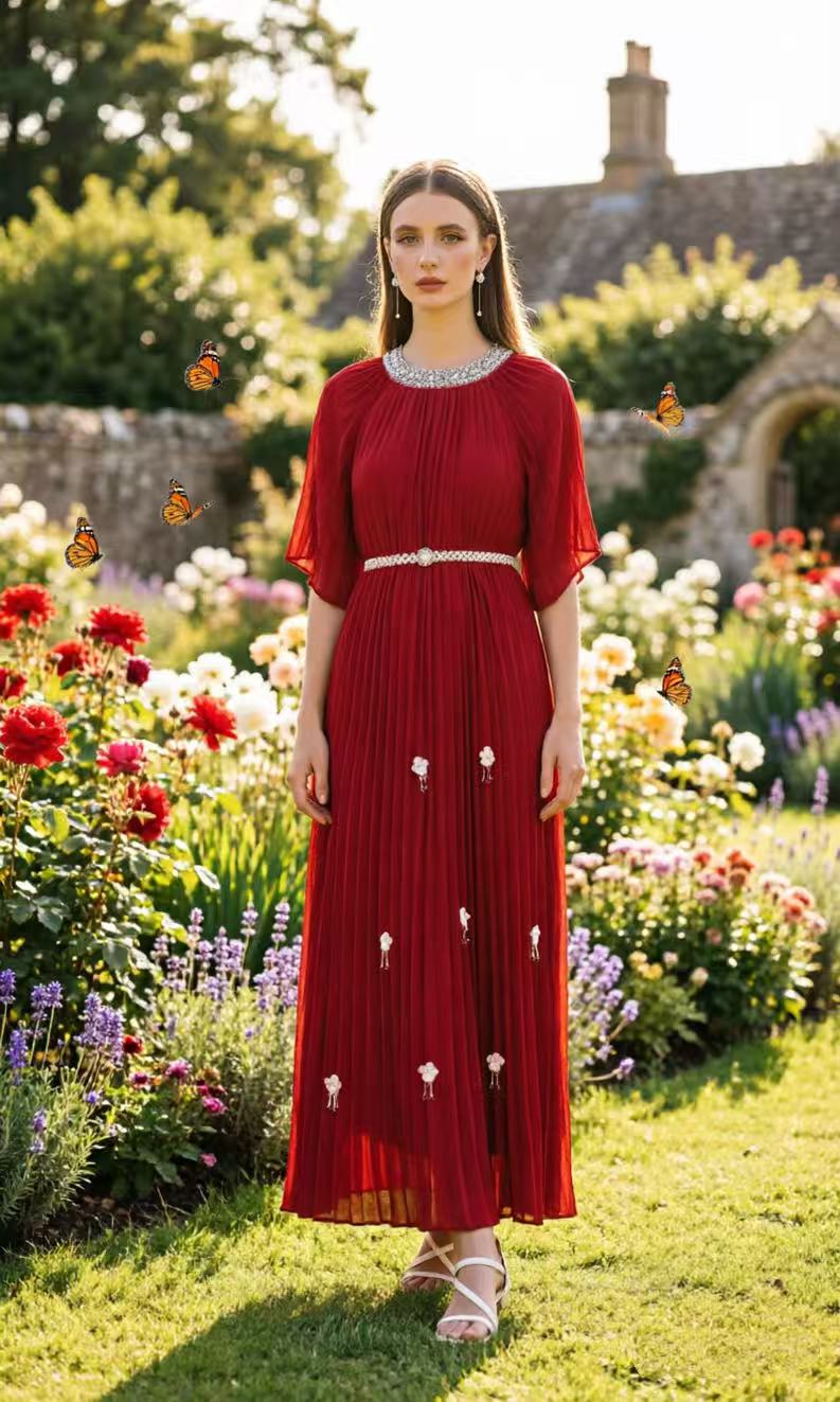 2026 Heavy Industry Diamond inlaid pleated handmade flower tassel pleated dress