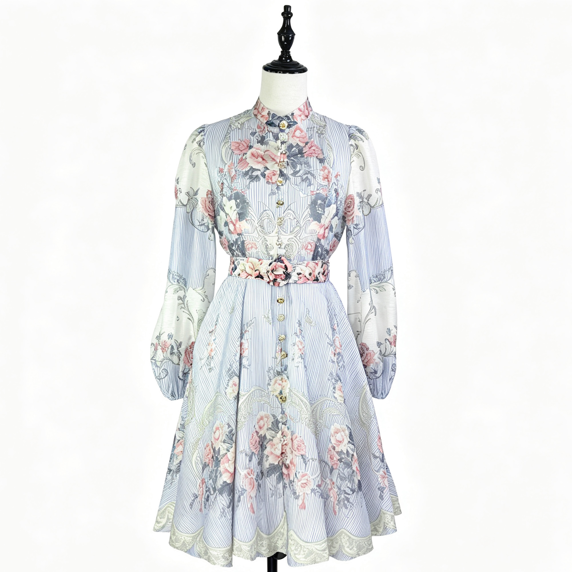 Australian light luxury early autumn new item positioning: printed stand collar lantern sleeves, waist cinching and slimming two-piece dress, short skirt Australian light luxury early autumn new item positioning: printed stand collar lantern sleeves, waist cinching and slimming two-piece dress, short skirt
