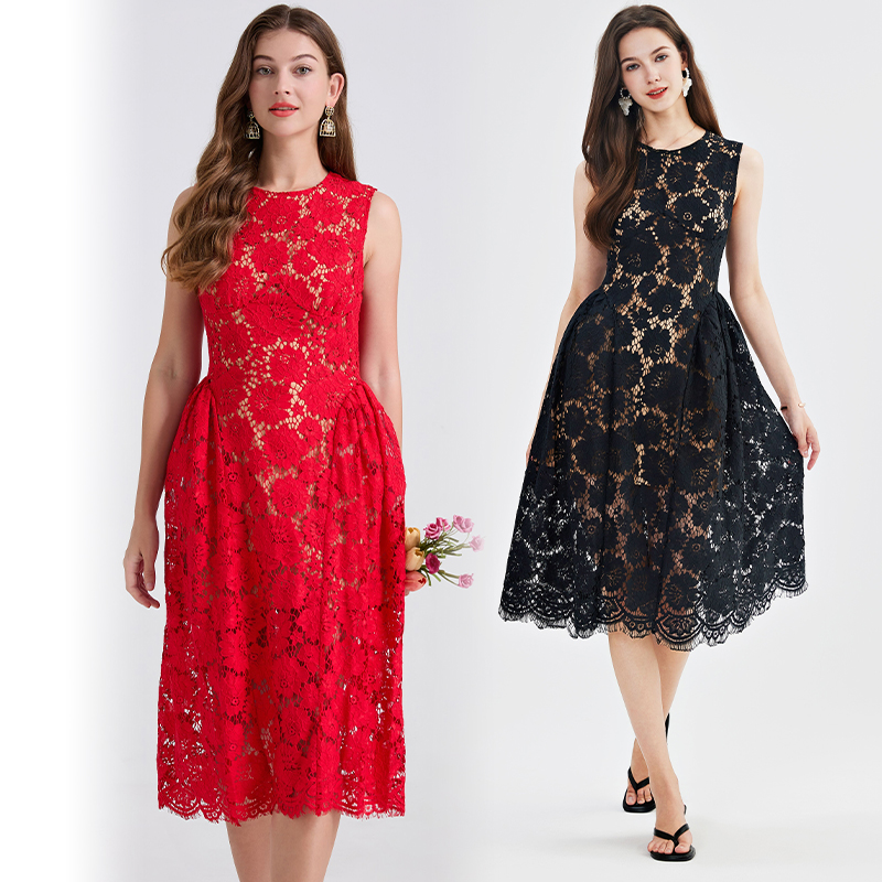 Real shot light luxury lace eyelash puffy vest round neck A-line skirt slim fit high waisted dress