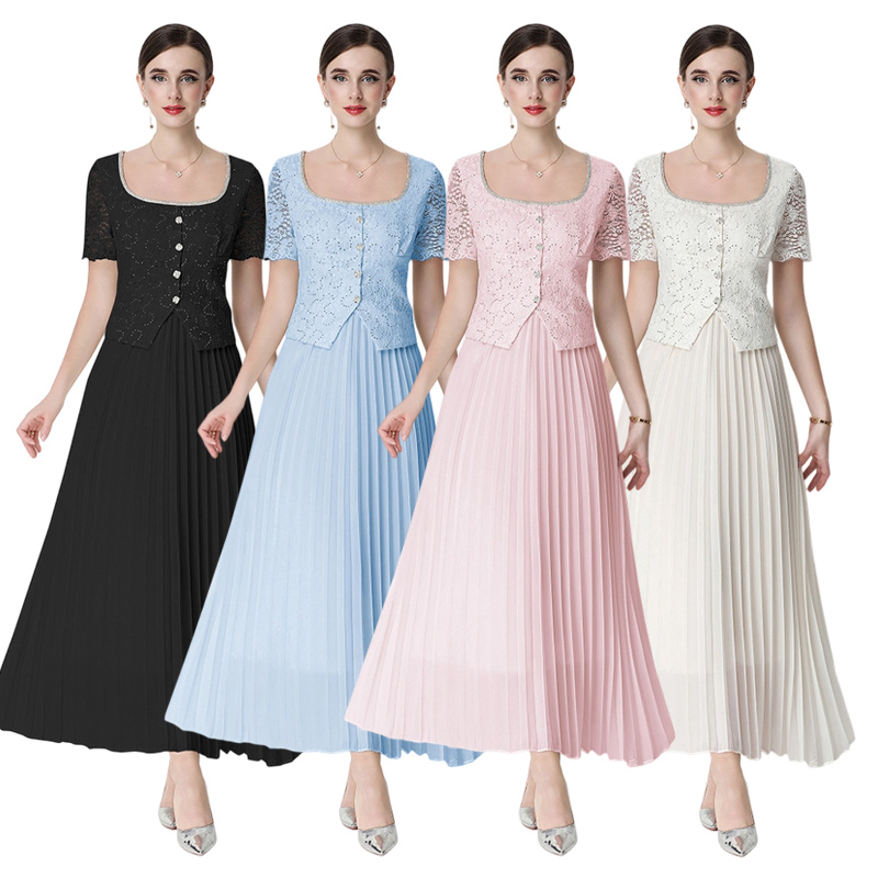 Embroidered heavy industry nail bead square neck versatile top with pleated skirt, fairy like floating skirt
