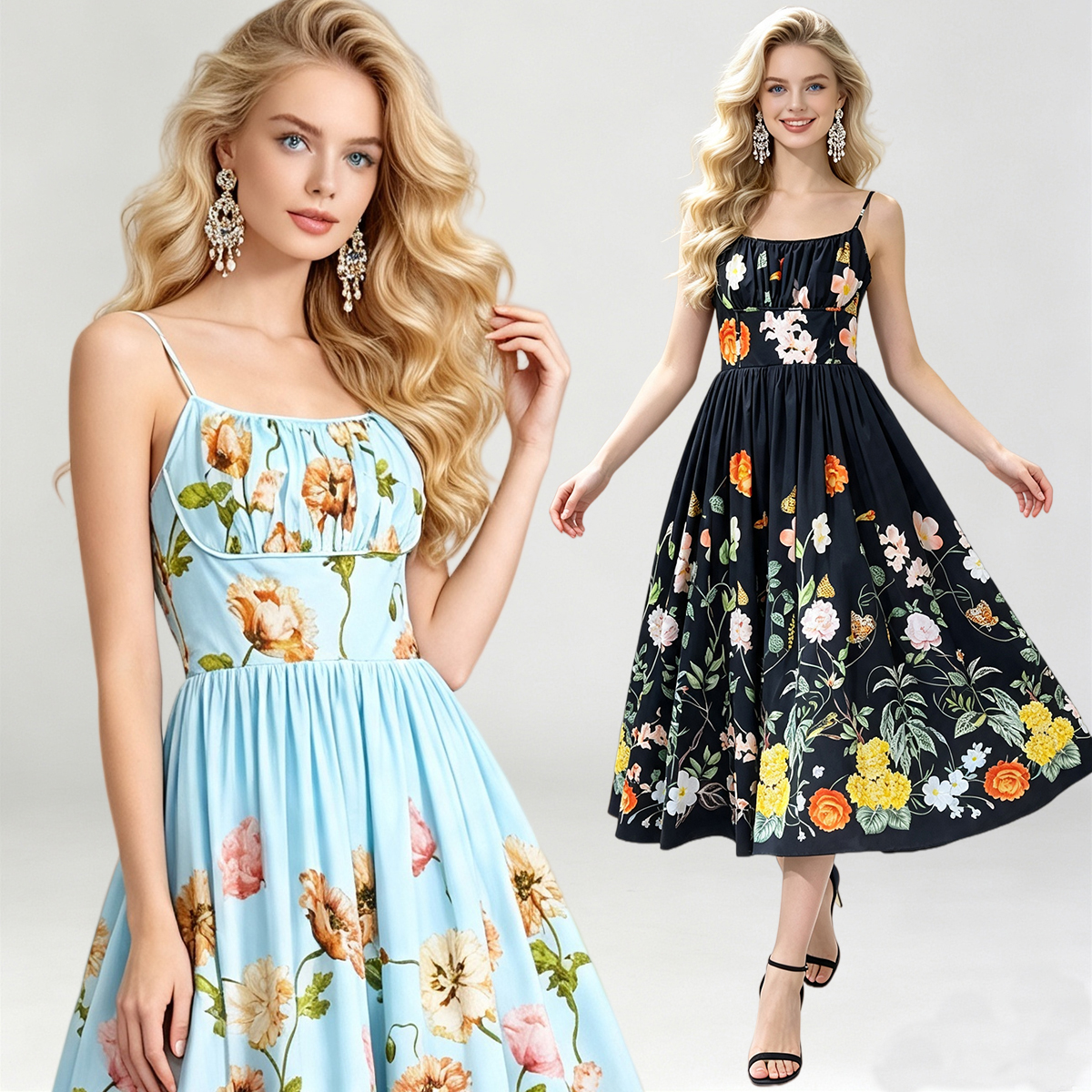 Oil colored floral high waisted pleated camisole slim fit dress with pleats and large swing back elastic A-line skirt