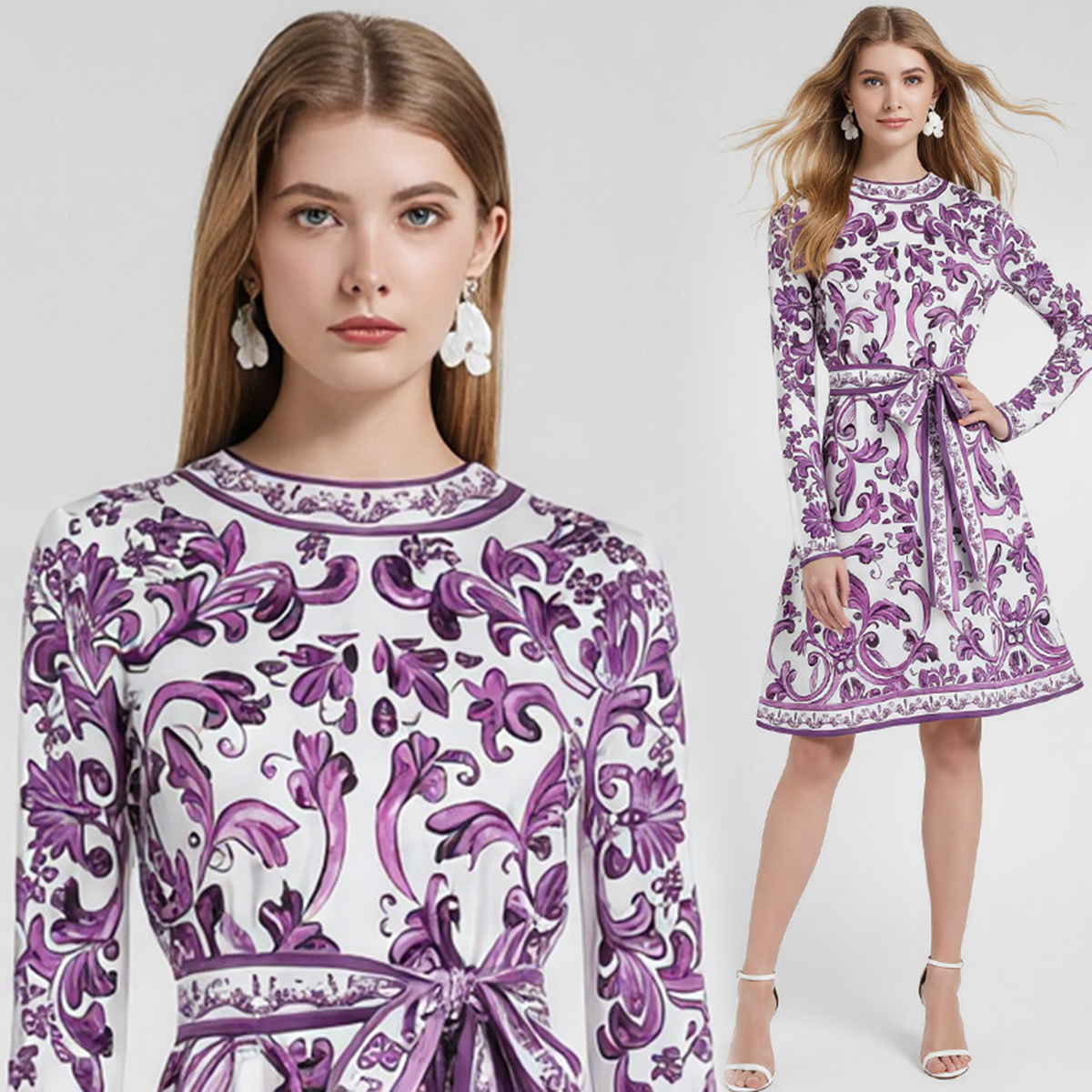 Real time shooting of European and American positioning printed short sleeved dress, high waist slim fit round neck bow tie tied skirt