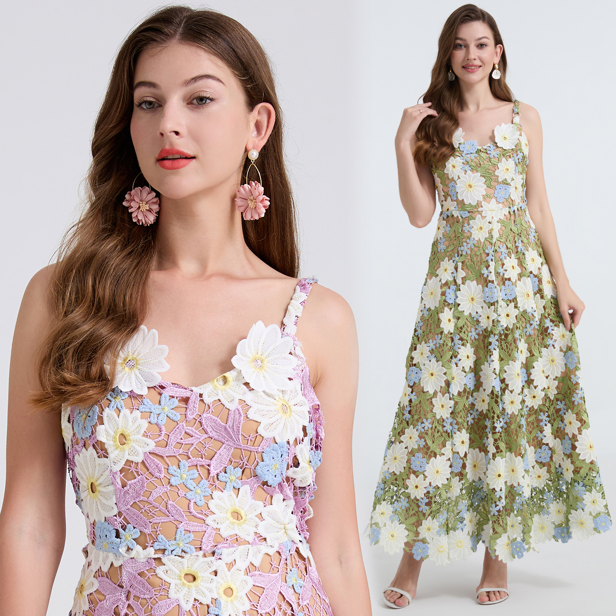 Real shot Heavy Industry Two tone Water soluble Lace Embroidered Strap Dress Sexy Hollow out Large Swing A-line Skirt