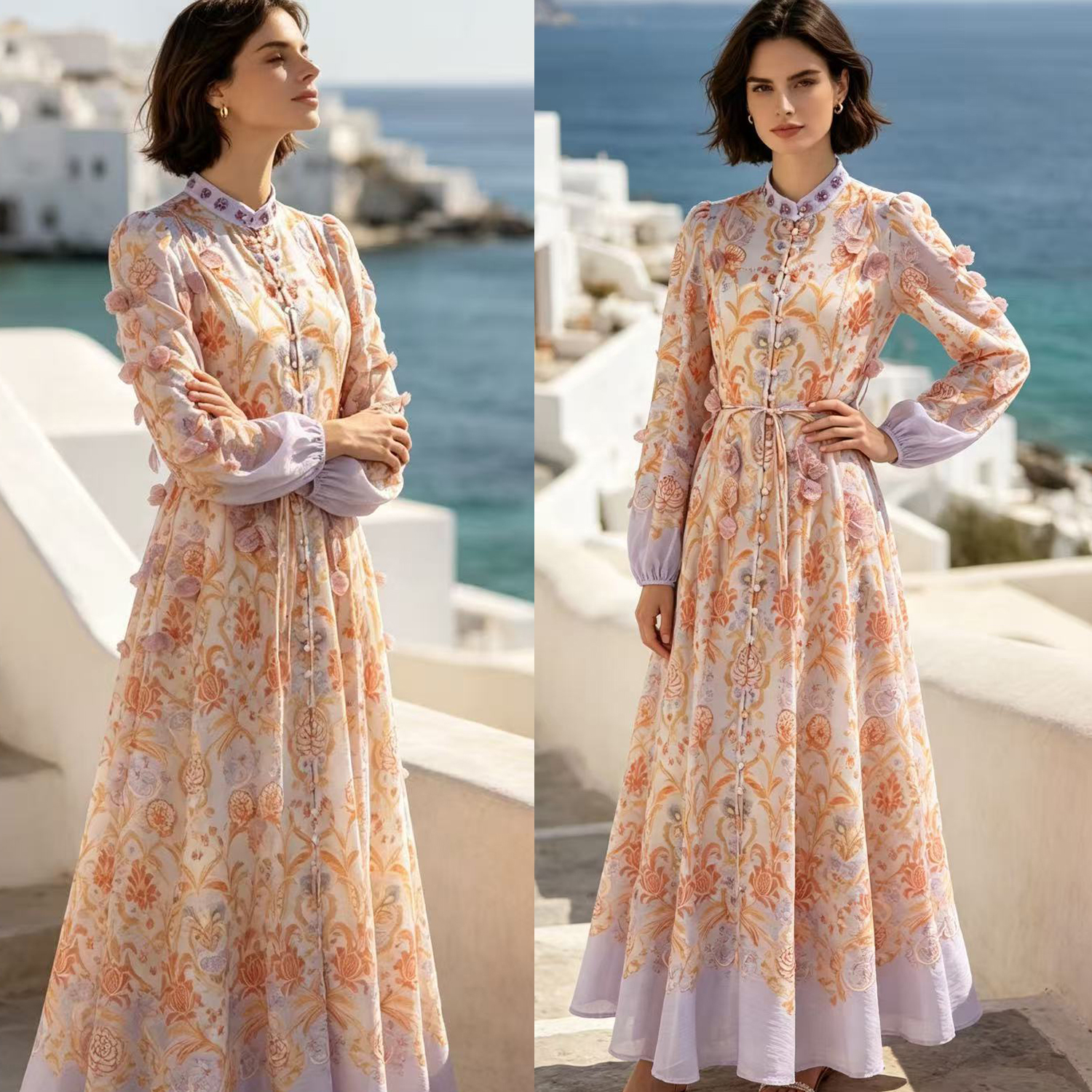 European and American elegant temperament, high-end feeling, heavy industry flower decoration, single breasted button, waist cinching, large swing, long skirt, women's dress European and American elegant temperament, high-end feeling, heavy industry flower decoration, single breasted button, waist cinching, large swing, long skirt, women's dress