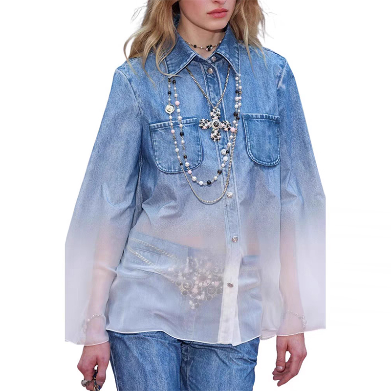 Realistic fashion gradient printed shirt with flared sleeves and chiffon top+high waisted flared pants two-piece set