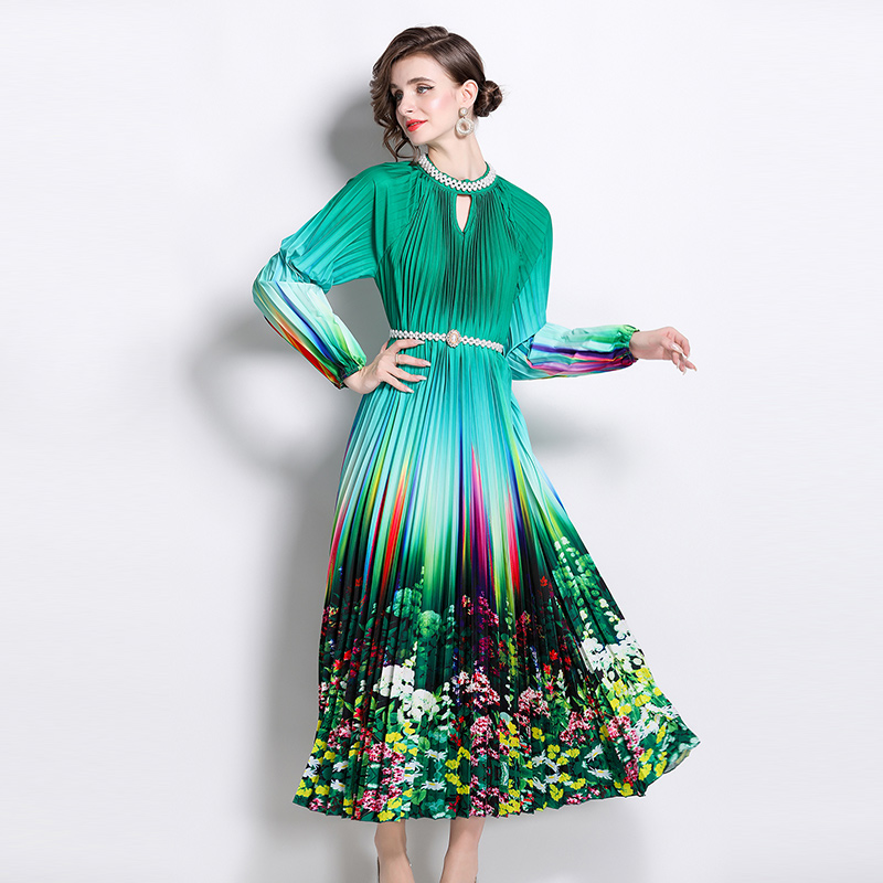 Original 2026 high-end nail bead positioning printed pleated pearl buckle pleated long skirt Original 2026 high-end nail bead positioning printed pleated pearl buckle pleated long skirt