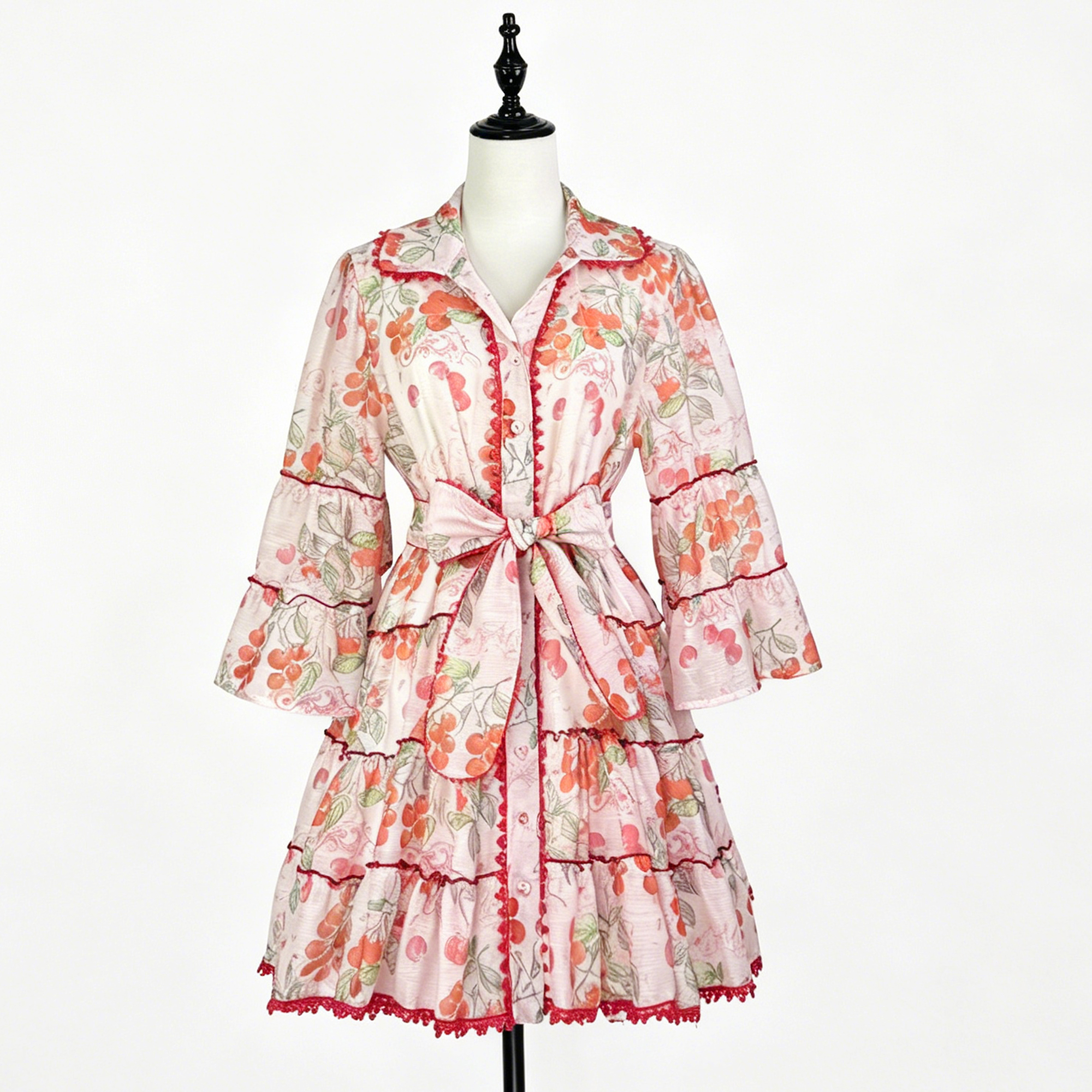 French retro pastoral style fresh print layer by layer splicing lace lace lace single breasted flared sleeve dress short skirt French retro pastoral style fresh print layer by layer splicing lace lace lace single breasted flared sleeve dress short skirt