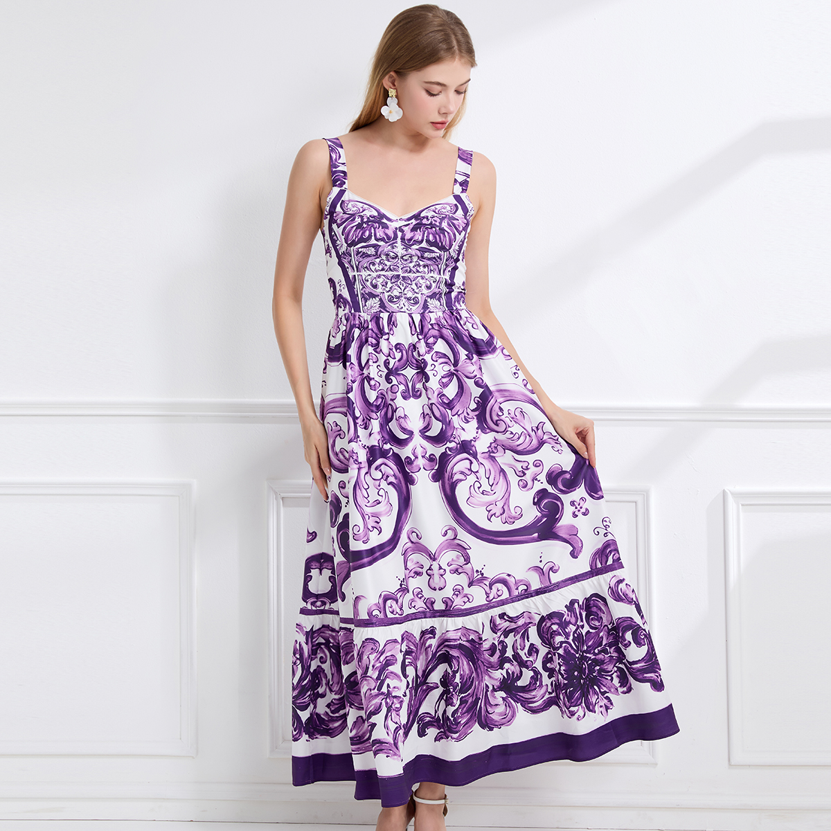 Real time fashion print positioning sling slim fit waist dress with elastic A-line skirt at the back Real time fashion print positioning sling slim fit waist dress with elastic A-line skirt at the back