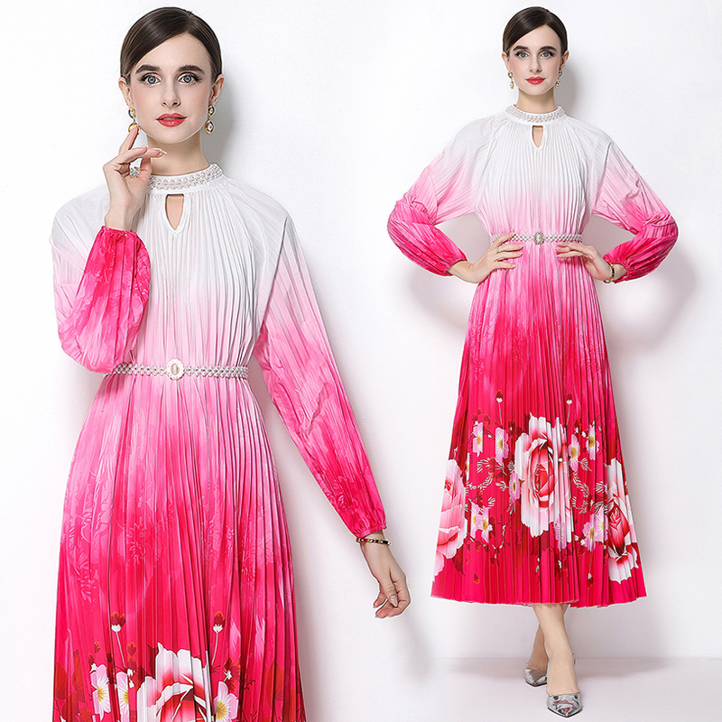 Original 2026 high-end nail bead positioning printed pleated pearl buckle pleated long skirt