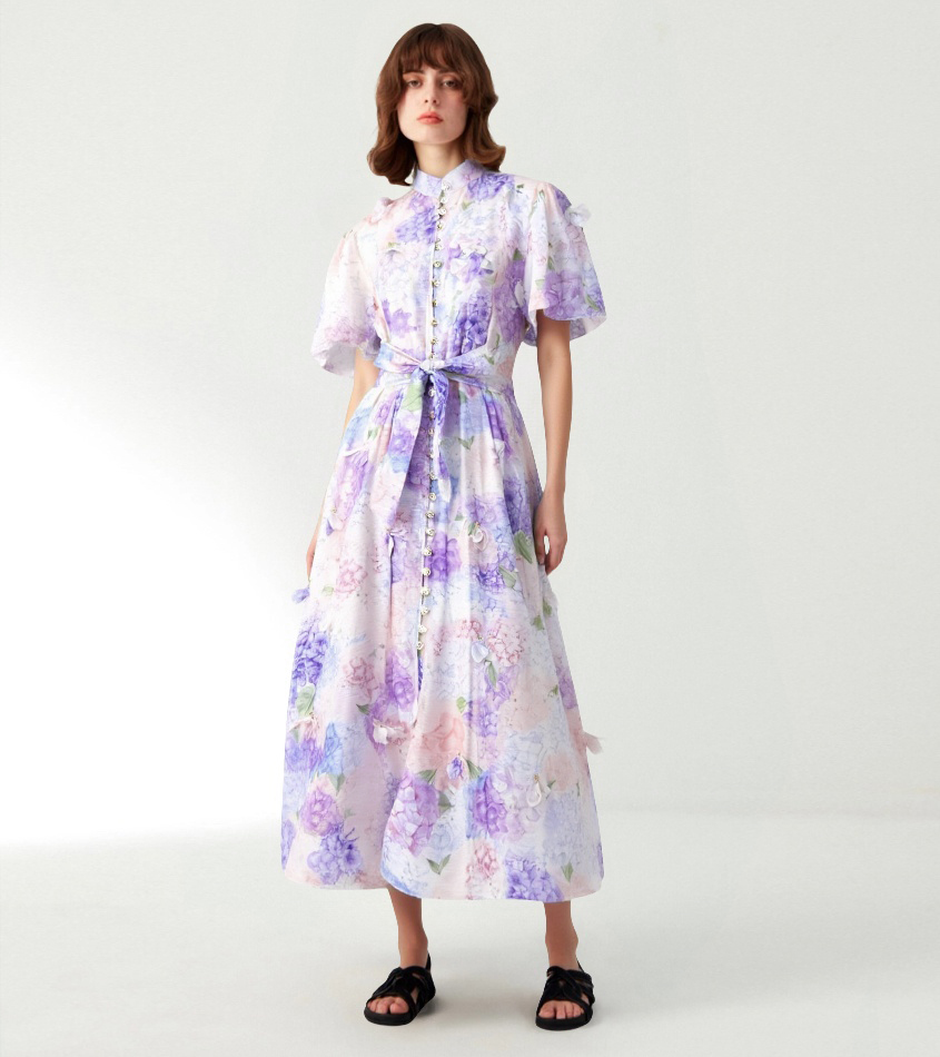 European and American elegant socialite temperament retro printed heavy three-dimensional flower stand up collar single breasted waist slimming dress European and American elegant socialite temperament retro printed heavy three-dimensional flower stand up collar single breasted waist slimming dress