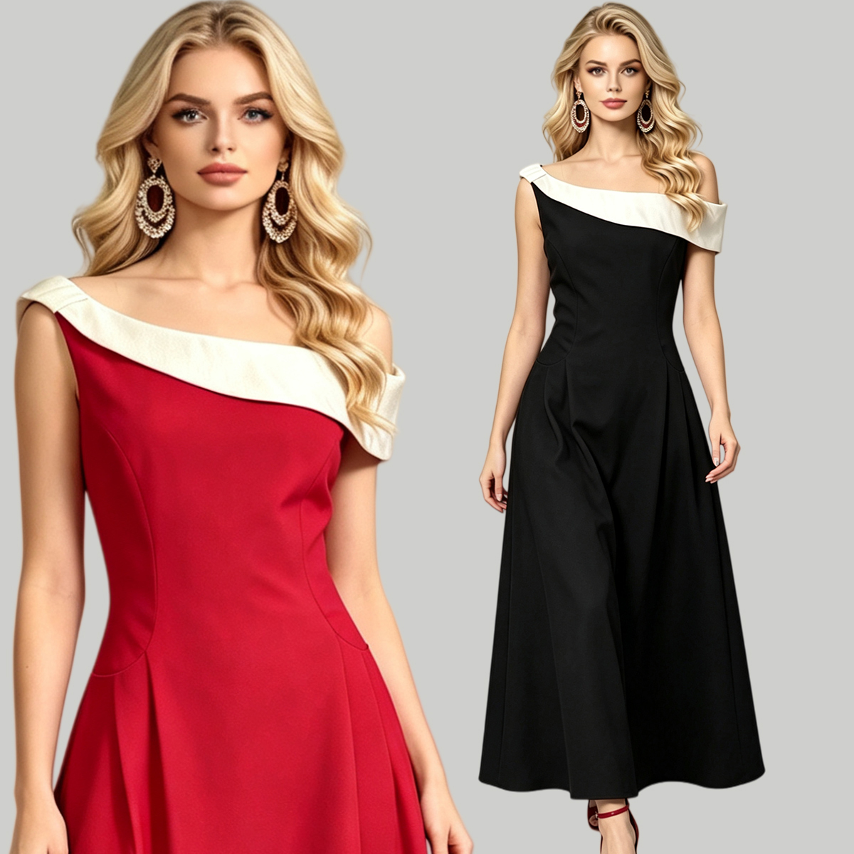 French style Hepburn style sexy off shoulder contrasting color slim fit hanging dress