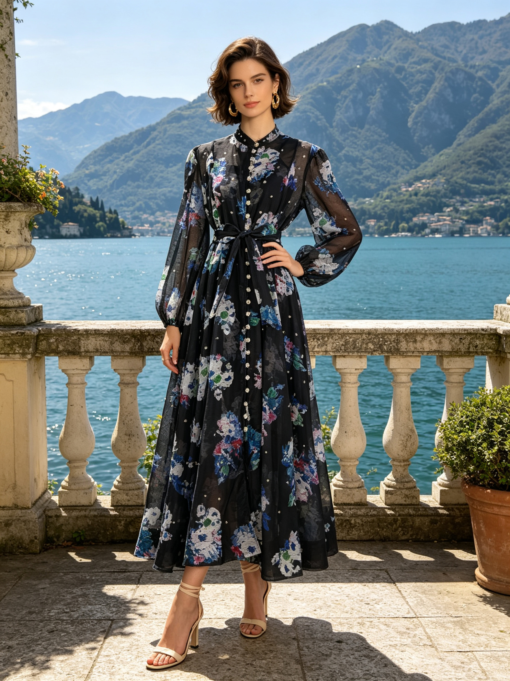 Australian retro print stand up collar lantern sleeves long sleeves heavy studded diamonds elegant socialite temperament two-piece dress long Australian retro print stand up collar lantern sleeves long sleeves heavy studded diamonds elegant socialite temperament two-piece dress long