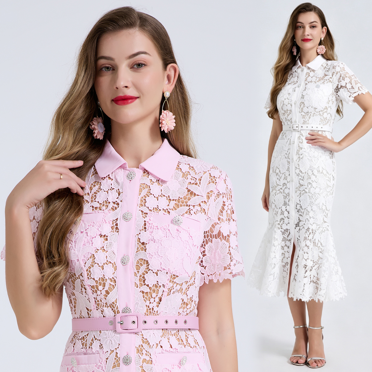 Real shooting of summer new high-end water-soluble lace shirt collar high waisted dress with wrapped buttocks and slim fishtail skirt