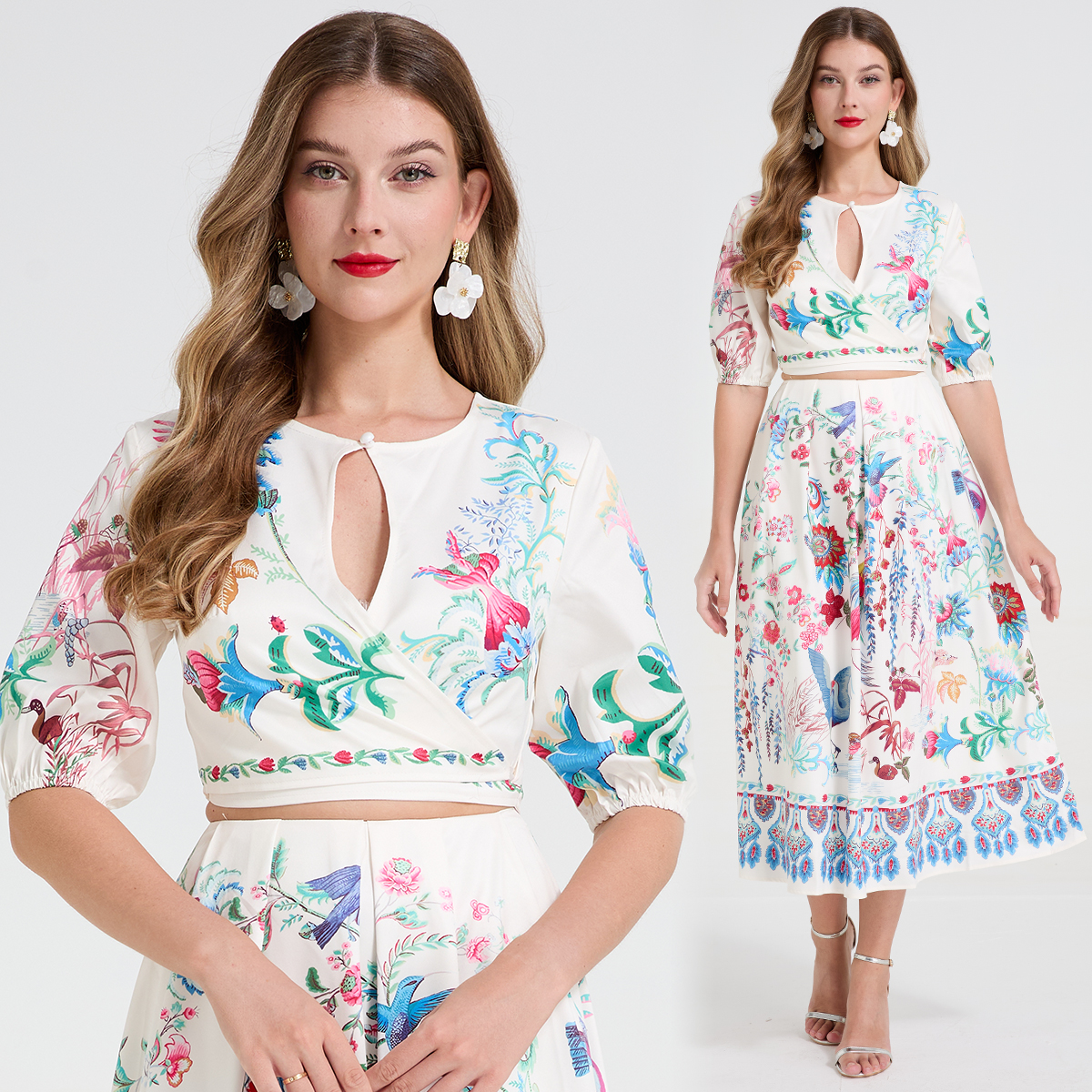 Real time fashion printed hollow out strap round neck mid sleeve top+high waist large swing skirt two-piece set