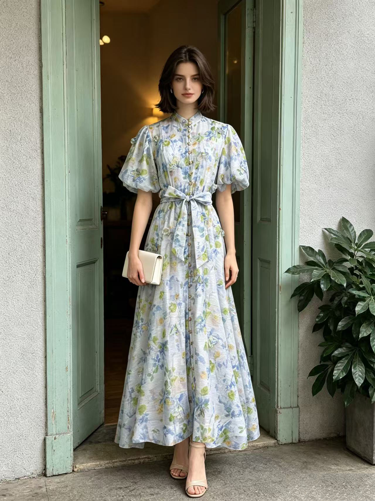 European and American elegant socialite temperament retro printed heavy three-dimensional flower stand up collar single breasted waist slimming dress European and American elegant socialite temperament retro printed heavy three-dimensional flower stand up collar single breasted waist slimming dress