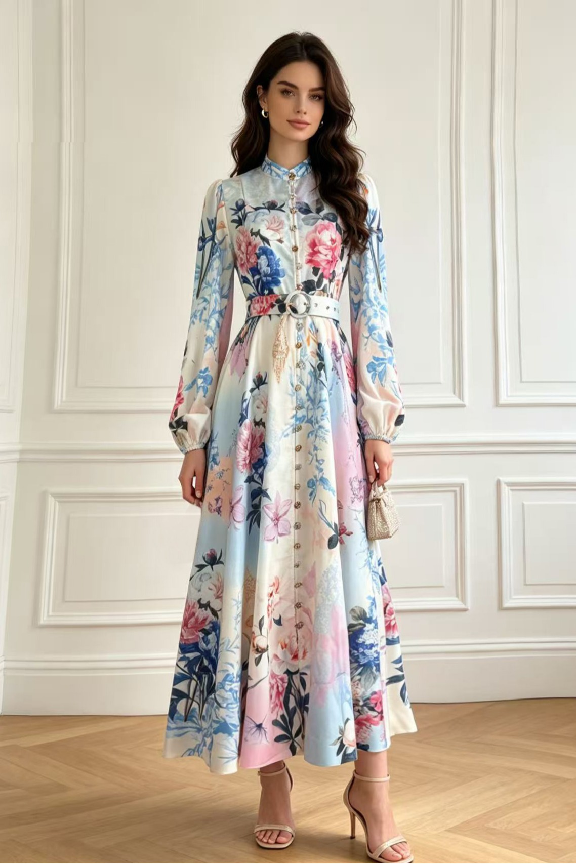 Australian new French retro style stand up collar lantern sleeve single breasted printed dress, four season new long skirt Australian new French retro style stand up collar lantern sleeve single breasted printed dress, four season new long skirt