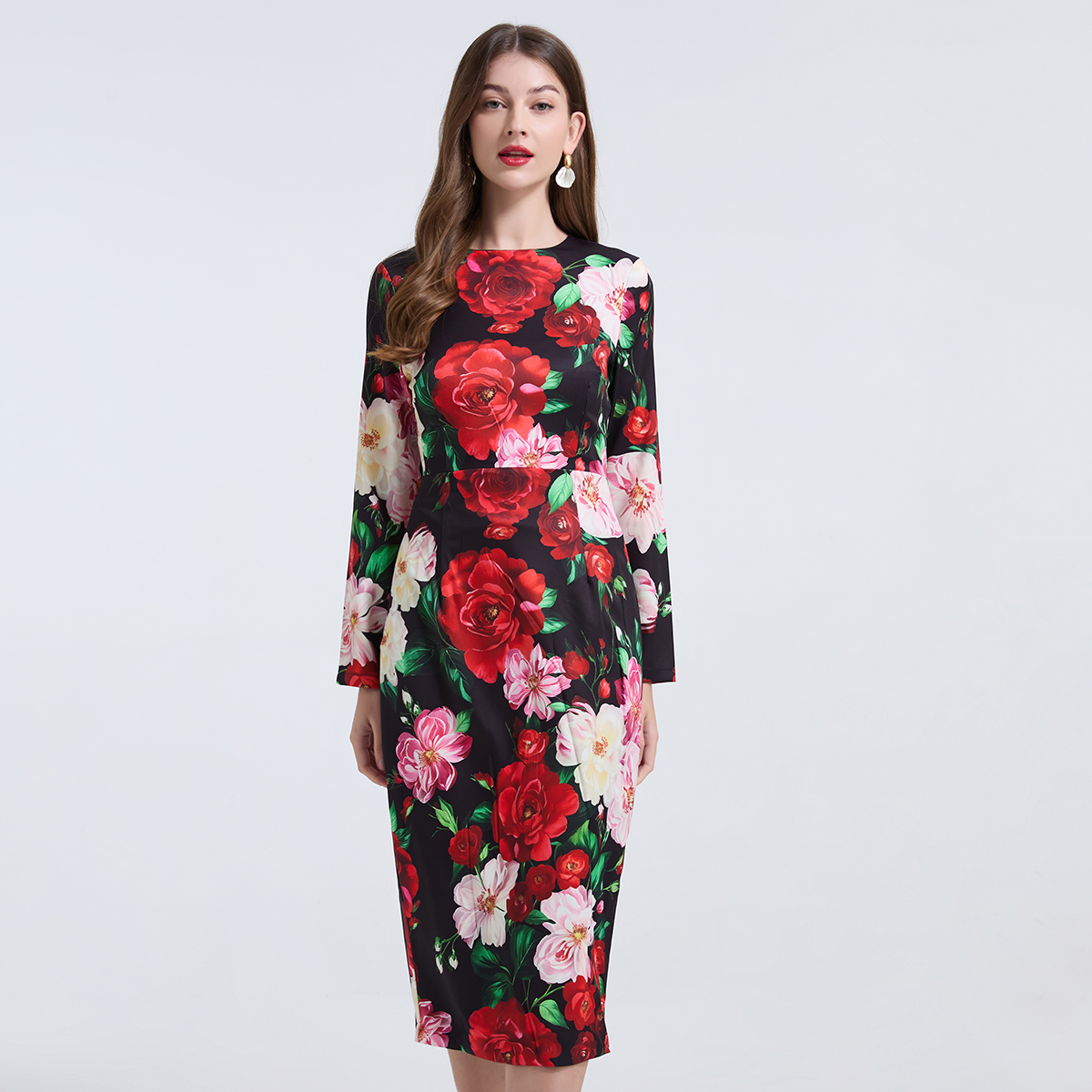 Realistic shooting of European and American style positioning strip rose big flower slim fit hip hugging dress with high waist round neck long sleeved skirt Realistic shooting of European and American style positioning strip rose big flower slim fit hip hugging dress with high waist round neck long sleeved skirt