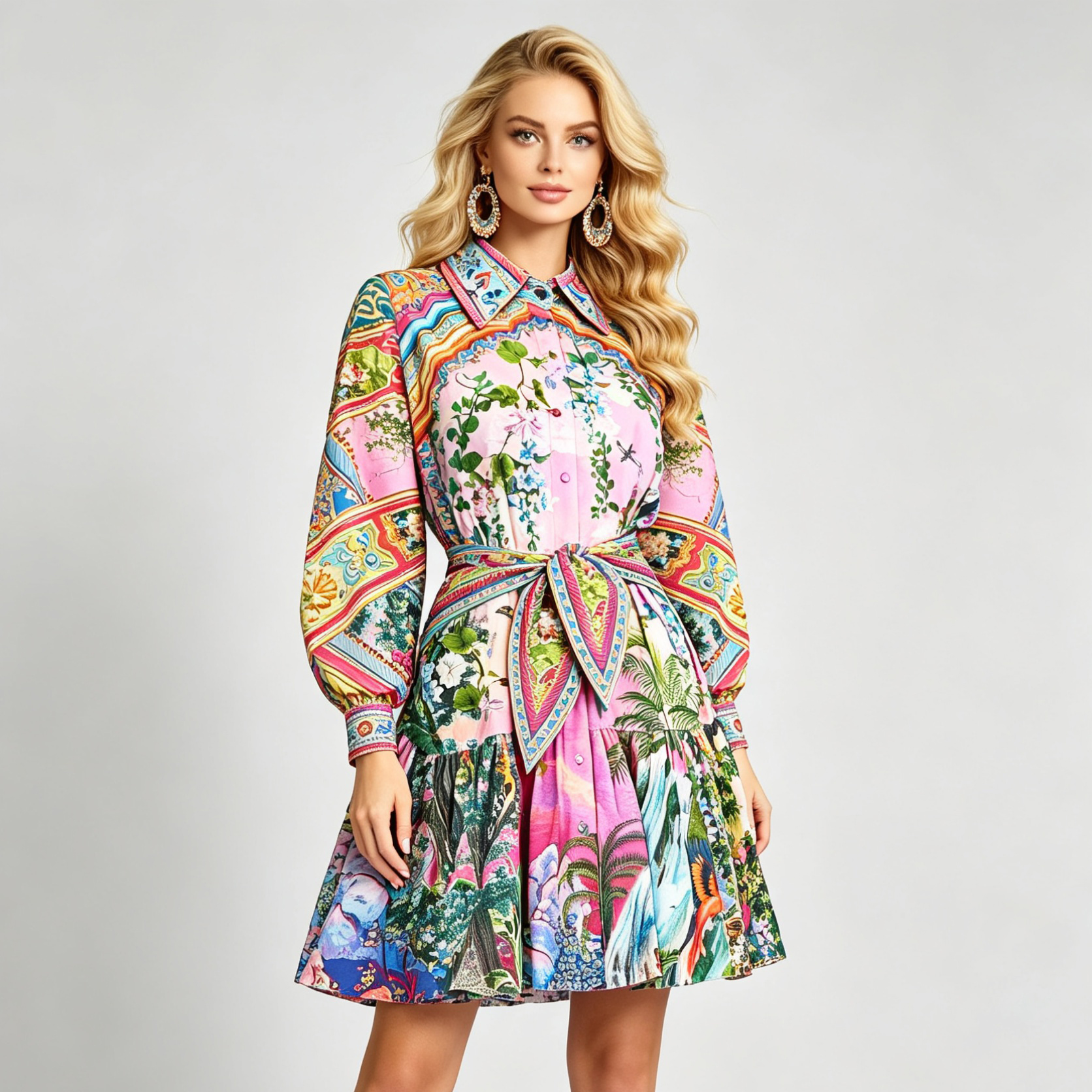 Temperament printed shirt collar strap waist cinched cotton linen long sleeved dress high waisted elastic A-line skirt Temperament printed shirt collar strap waist cinched cotton linen long sleeved dress high waisted elastic A-line skirt