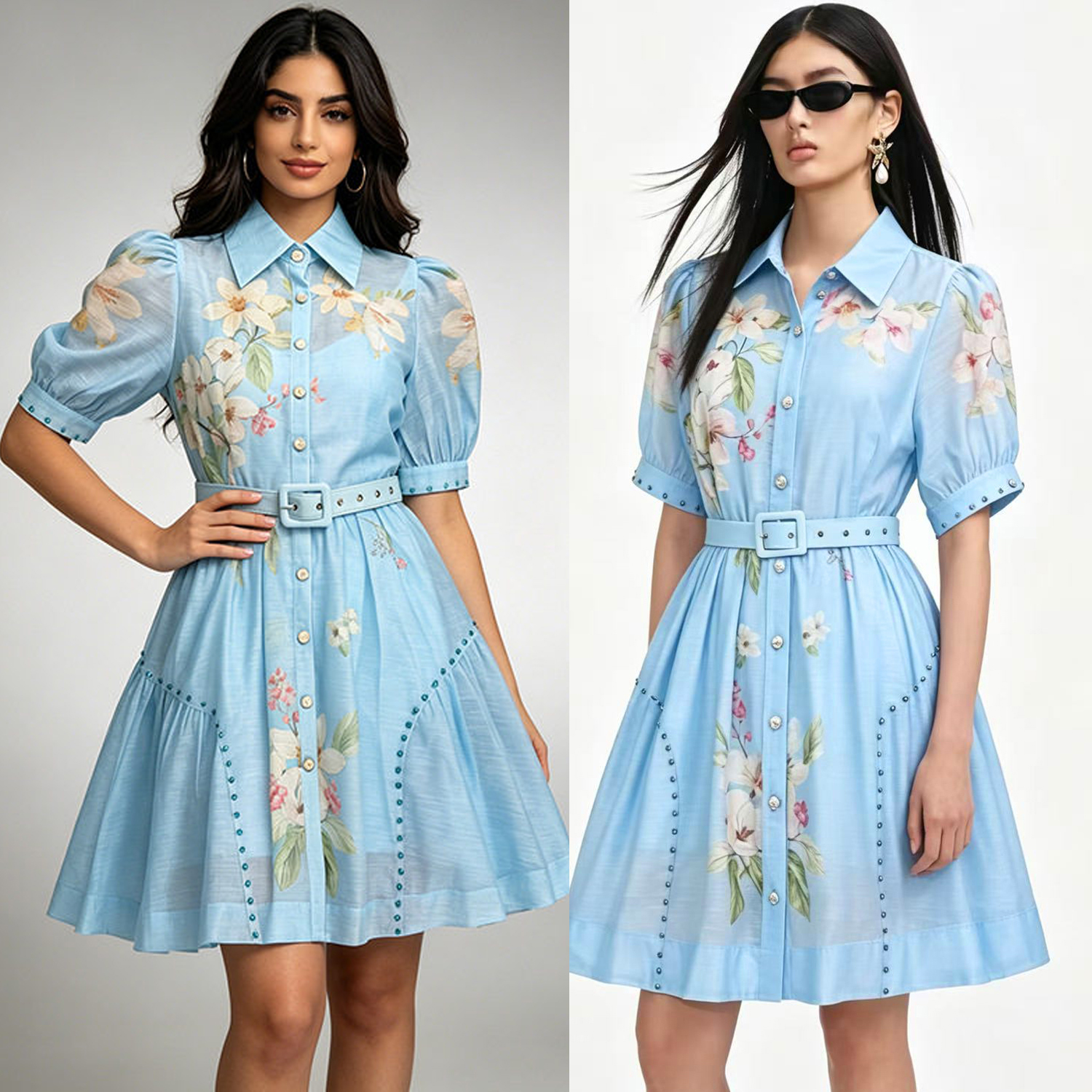 Summer New French Elegant Style Flip Collar Shirt Sleeve Single breasted Pattern Printed Lace up Large Swing Shirt Short Skirt