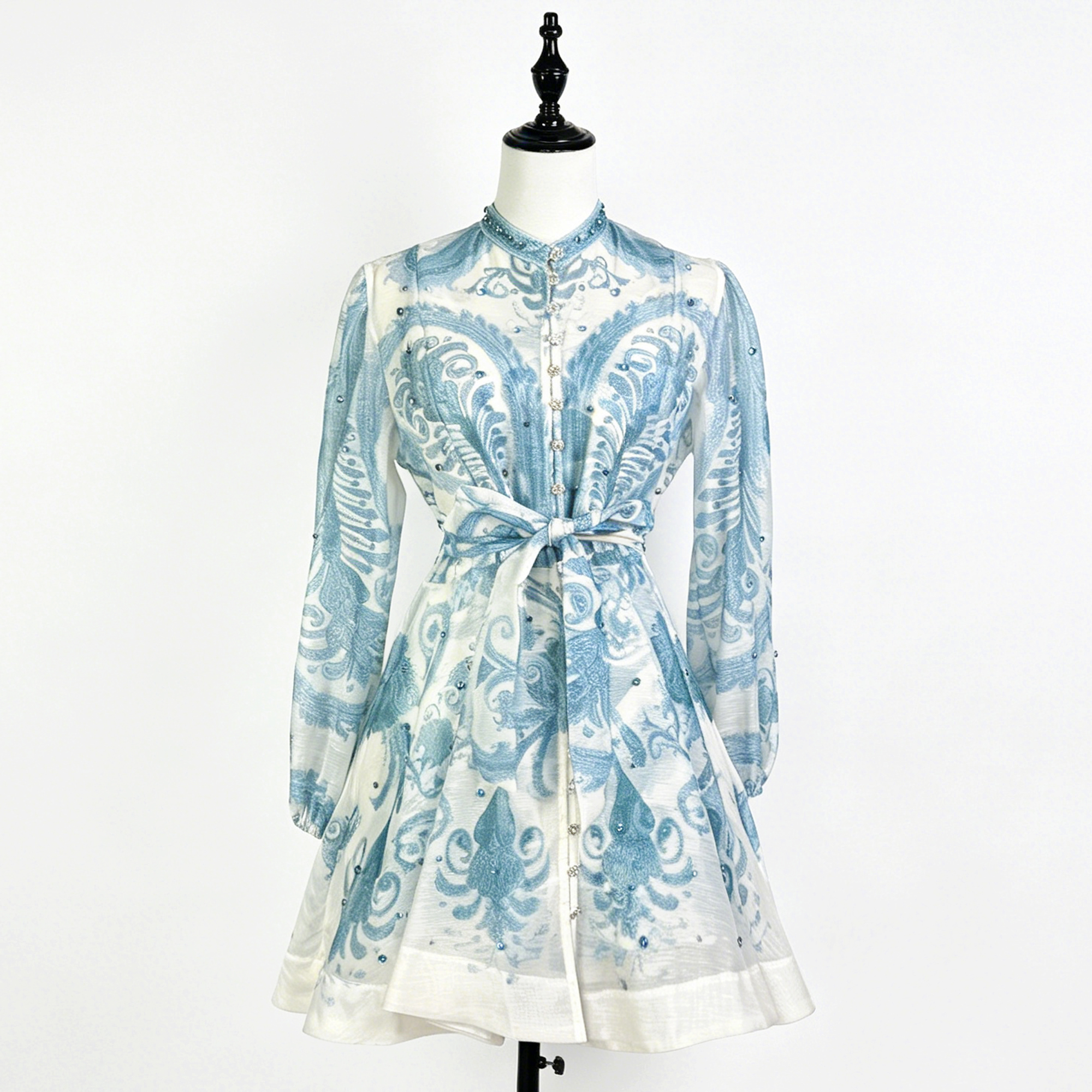 Australian niche new style positioning printing heavy industry nail drill stand collar single breasted lantern sleeve umbrella skirt dress short skirt Australian niche new style positioning printing heavy industry nail drill stand collar single breasted lantern sleeve umbrella skirt dress short skirt