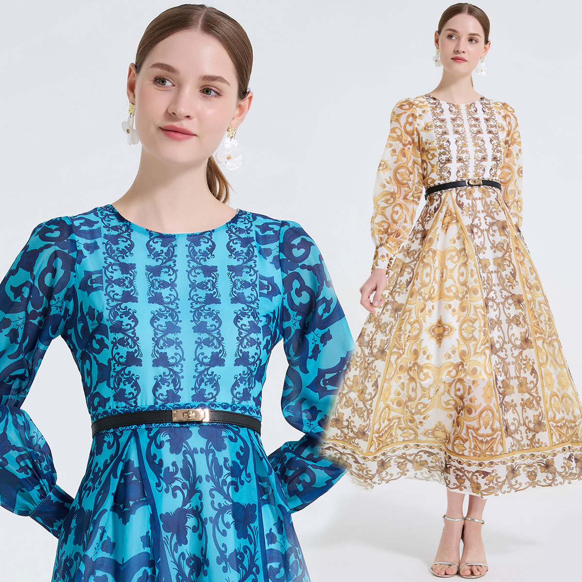 Real time shooting of palace positioning printed round neck high waisted slim fit dress with pleated long sleeves and shiny silk yarn skirt