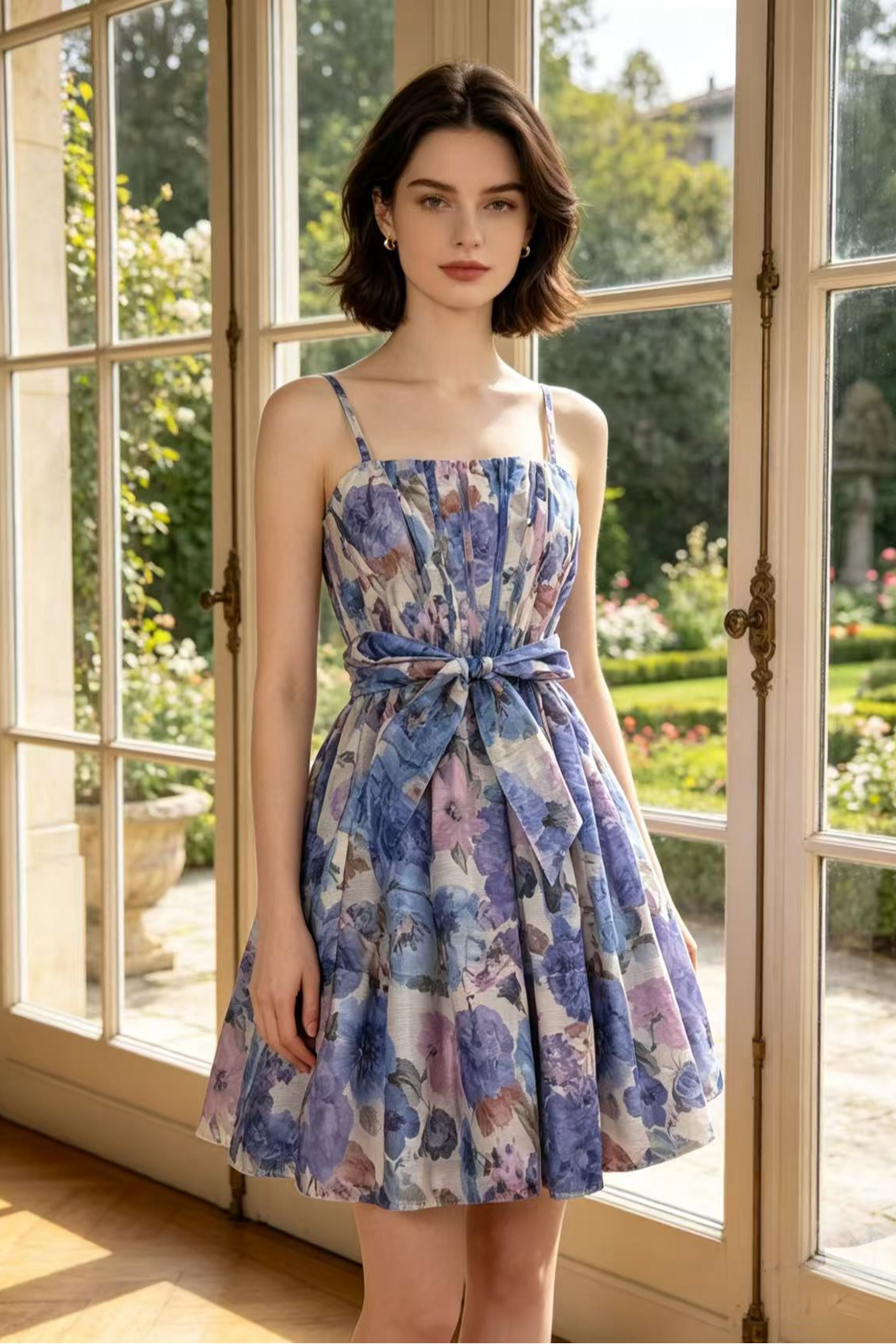 Australian summer vintage printed high waisted lace up holiday style fluffy short dress printed sleeveless camisole skirt Australian summer vintage printed high waisted lace up holiday style fluffy short dress printed sleeveless camisole skirt