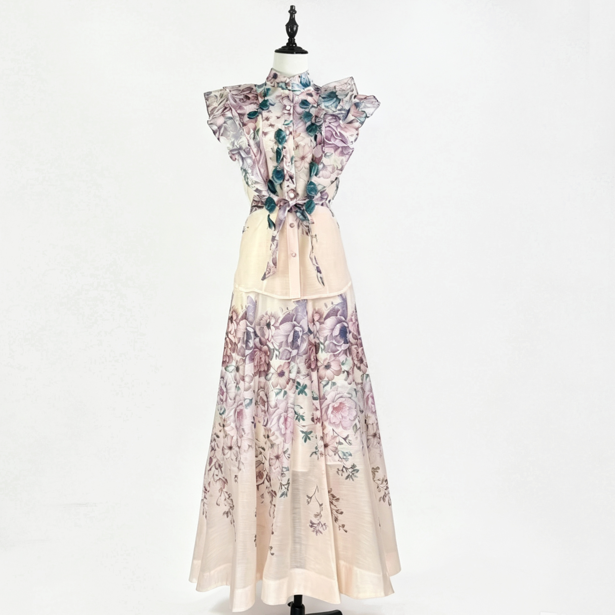 Elegant temperament two-piece dress set from Z Australia, heavy industry flower sleeveless ruffled shirt+high waisted skirt Elegant temperament two-piece dress set from Z Australia, heavy industry flower sleeveless ruffled shirt+high waisted skirt
