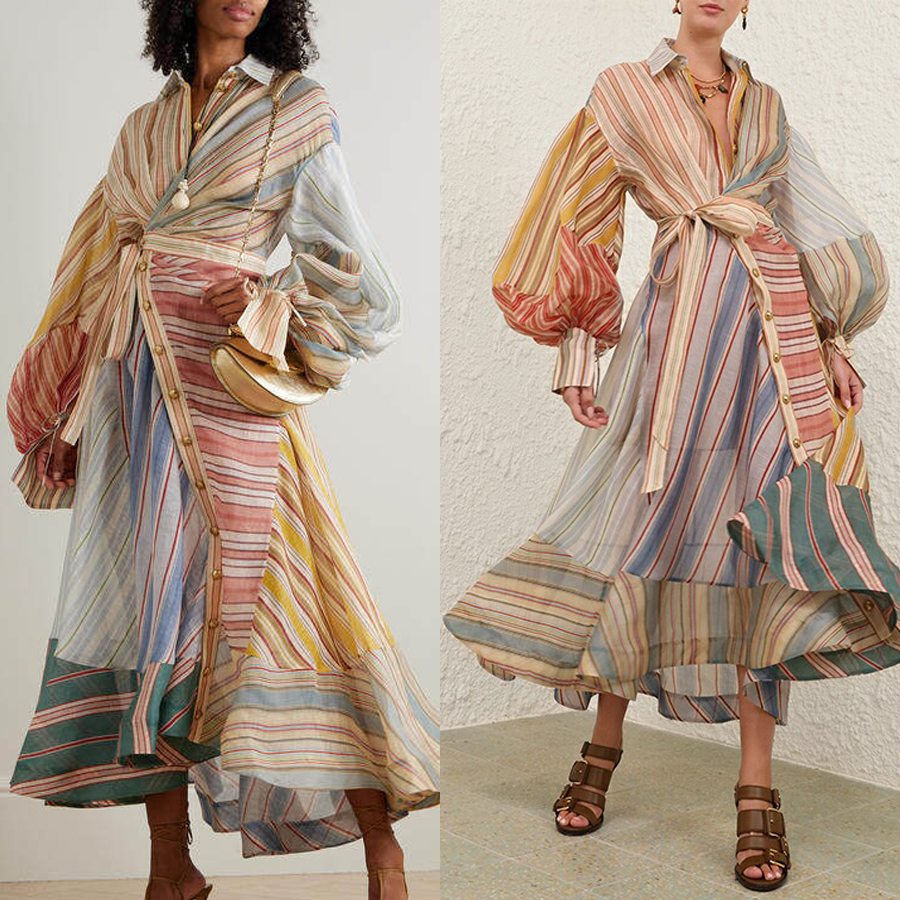 Australian vacation French court style new color block splicing lantern sleeve shirt skirt cinched waist dress long skirt Australian vacation French court style new color block splicing lantern sleeve shirt skirt cinched waist dress long skirt