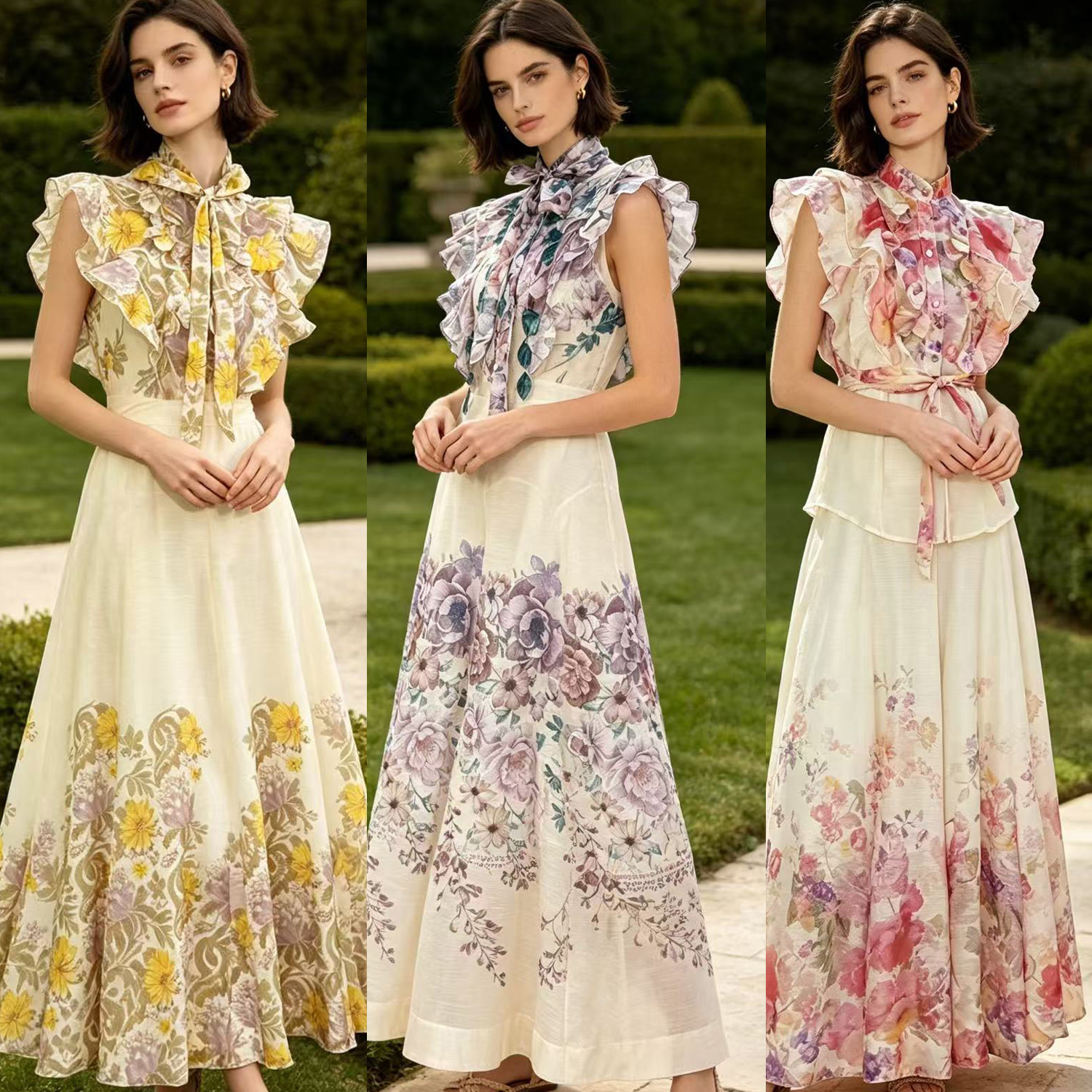 European and American socialite temperament, high-end feeling, floral ruffle edge shirt, high waist, big swing, retro half skirt, long skirt set