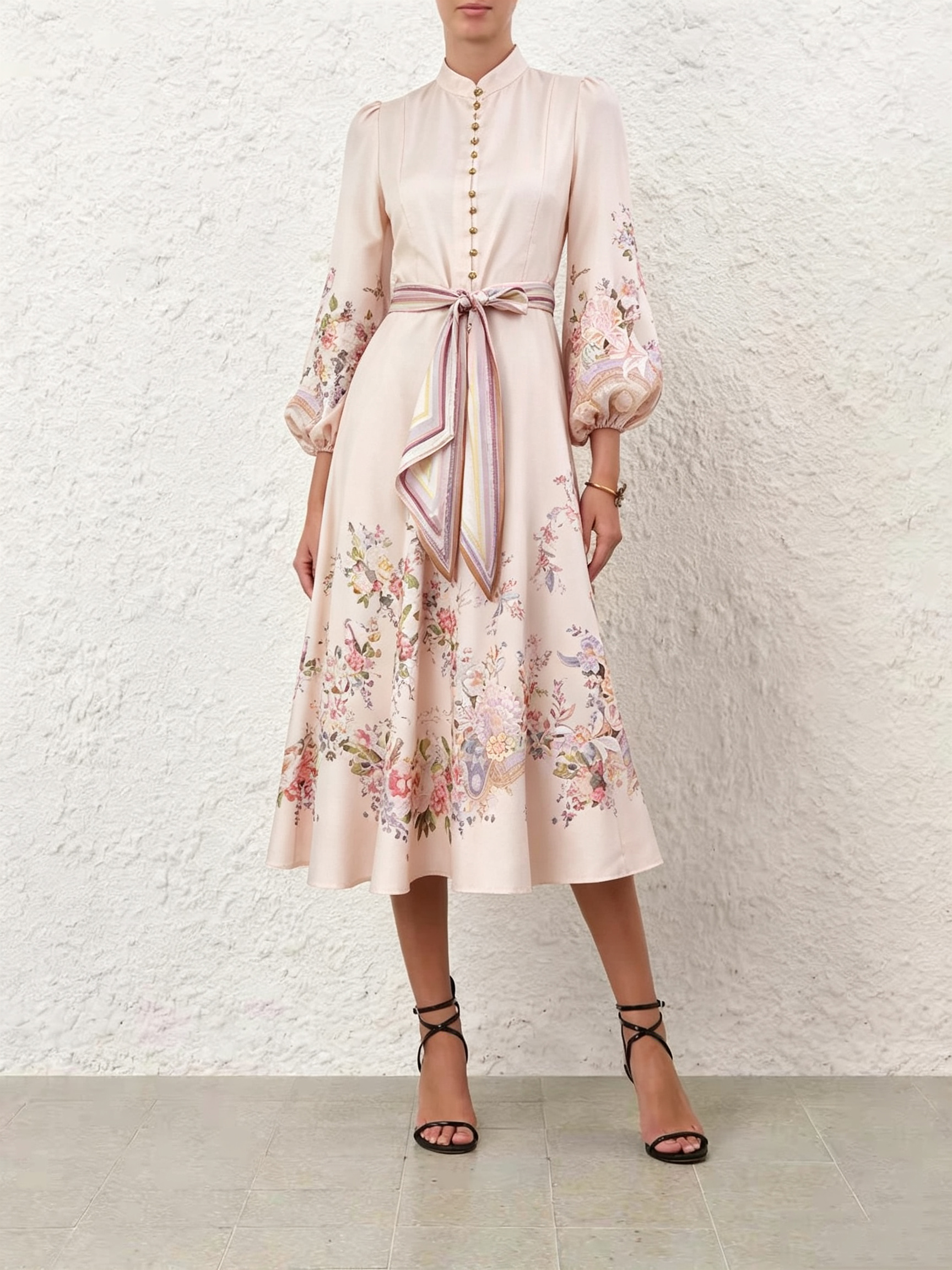 Australian Z family early autumn black floral lantern long sleeved stand collar linen lace up shirt jumpsuit medium long dress Australian Z family early autumn black floral lantern long sleeved stand collar linen lace up shirt jumpsuit medium long dress
