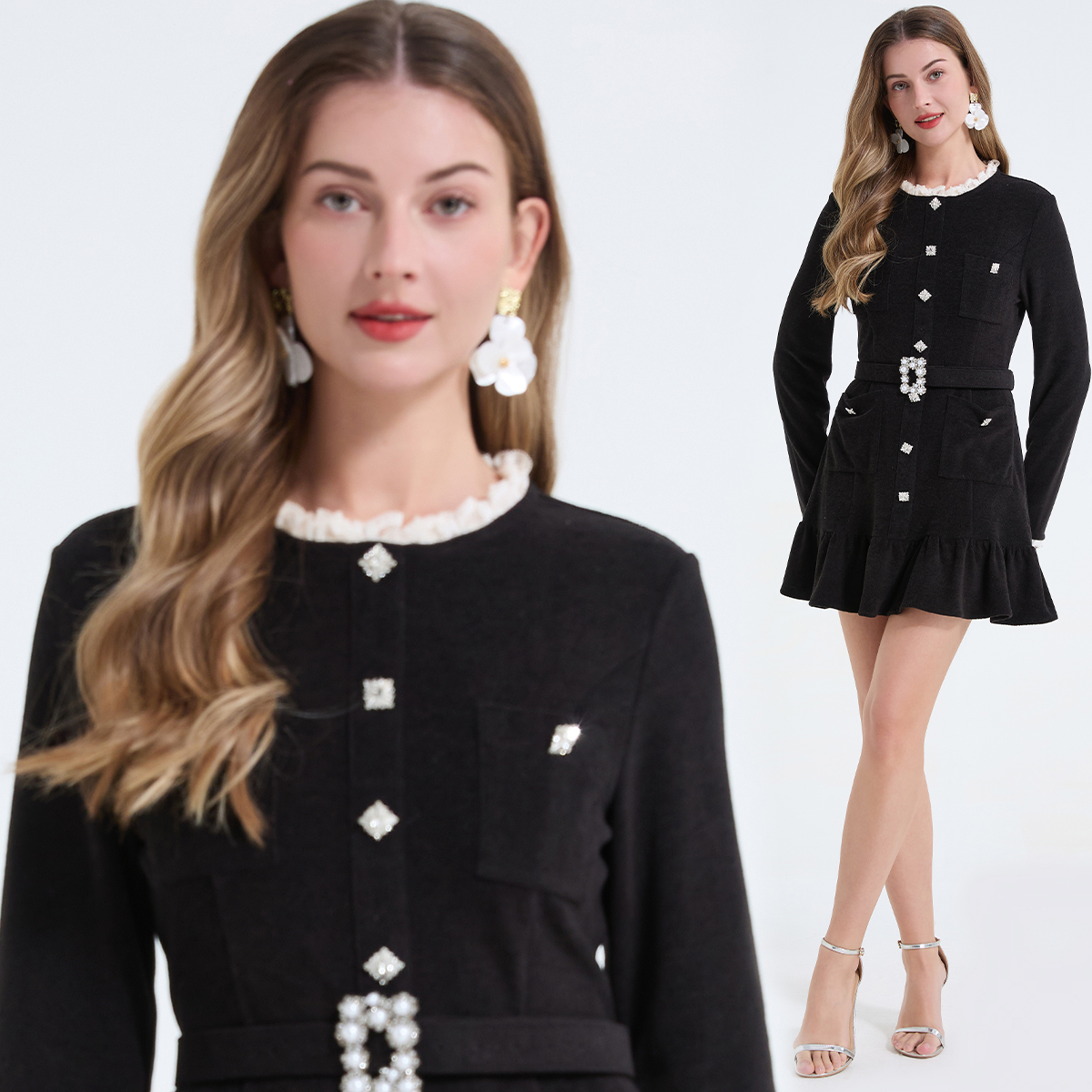 Real shot high-end imitation cashmere small fragrance pearl exquisite waist buckle waist cinched short skirt elegant temperament small gift skirt