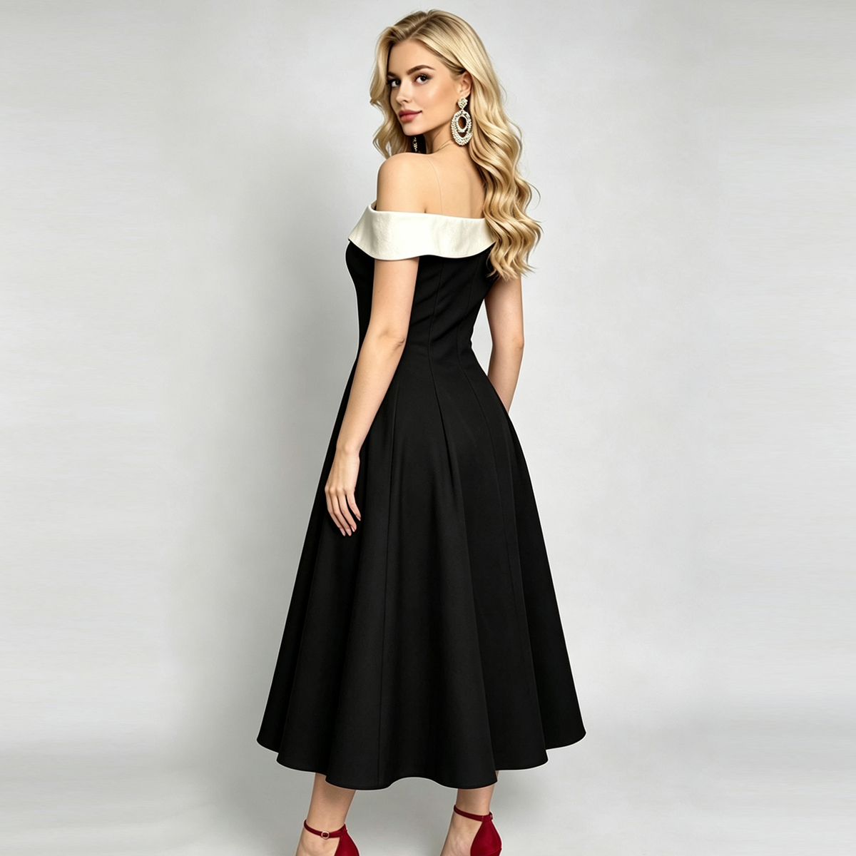 French style Hepburn style sexy off shoulder contrasting color slim fit hanging dress French style Hepburn style sexy off shoulder contrasting color slim fit hanging dress