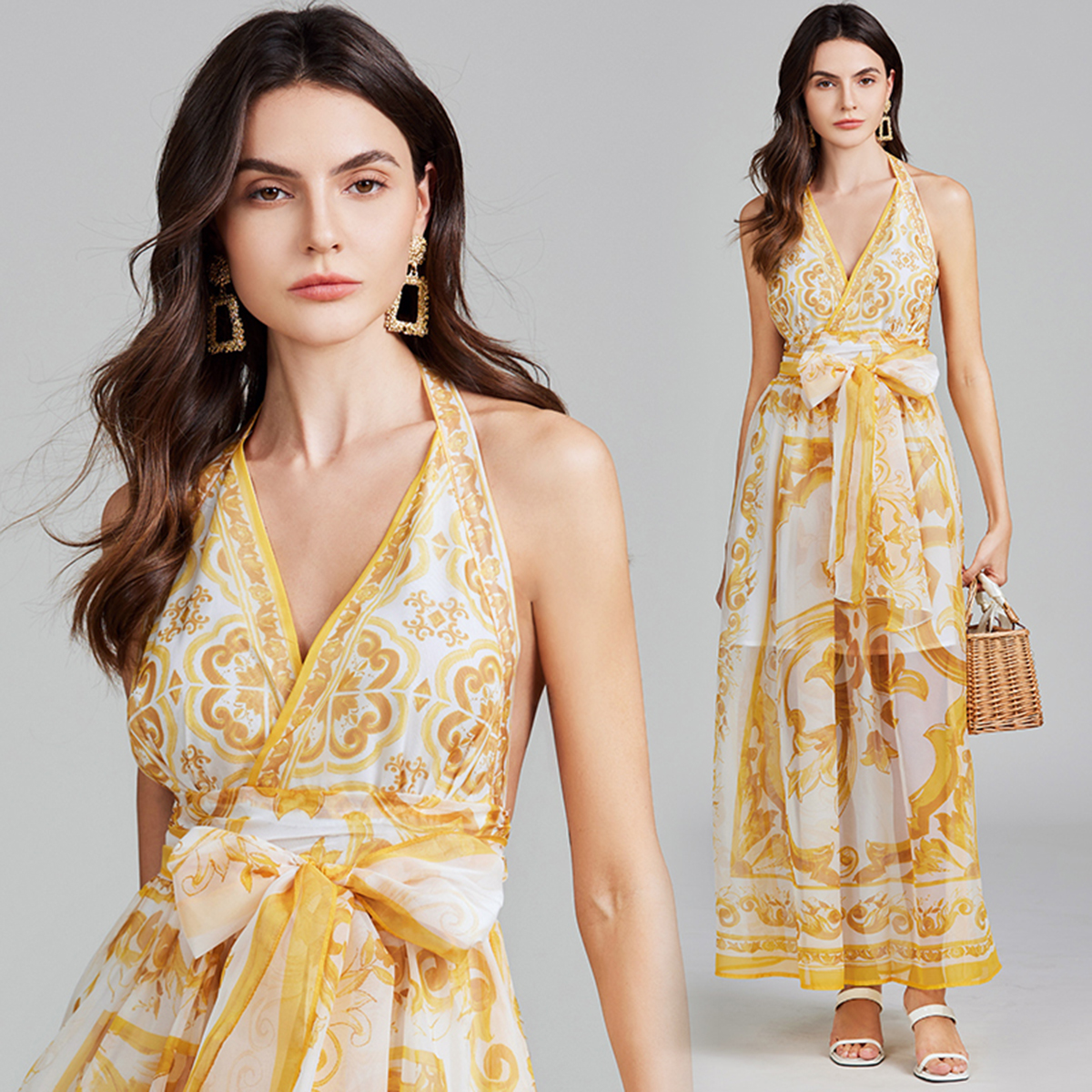 Real shot of European and American sexy strap backless high waist slim fit big swing dress, Tencel long skirt