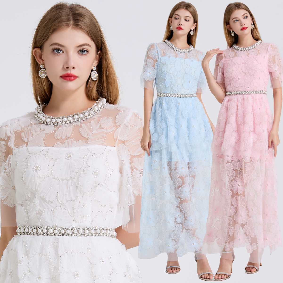Real shooting of high-end customized super heavy industry full body pearl embroidery cake dress, slim fit high waisted evening dress