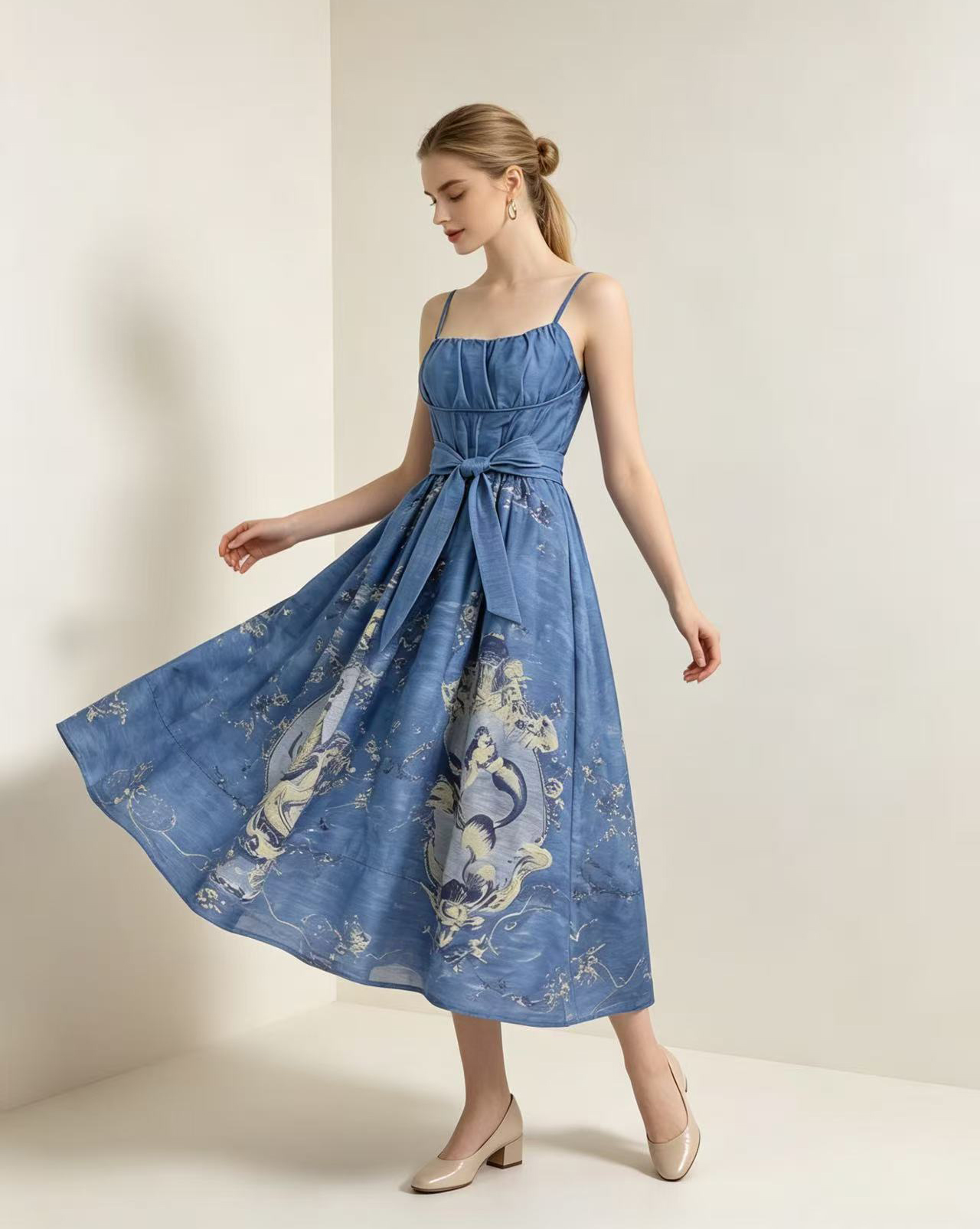 New retro printed sleeveless camisole high waisted dress for 2026 summer in Australia, suitable for vacation, large display, tea break, and long skirt New retro printed sleeveless camisole high waisted dress for 2026 summer in Australia, suitable for vacation, large display, tea break, and long skirt