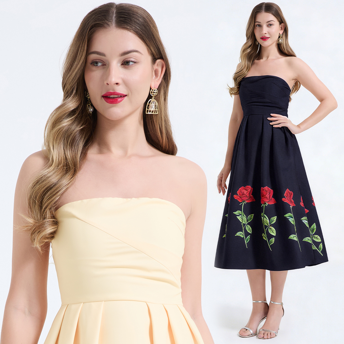 Real time shooting of fashionable socialite rose print strapless dress with three-dimensional pleating and slim fit high waist long skirt