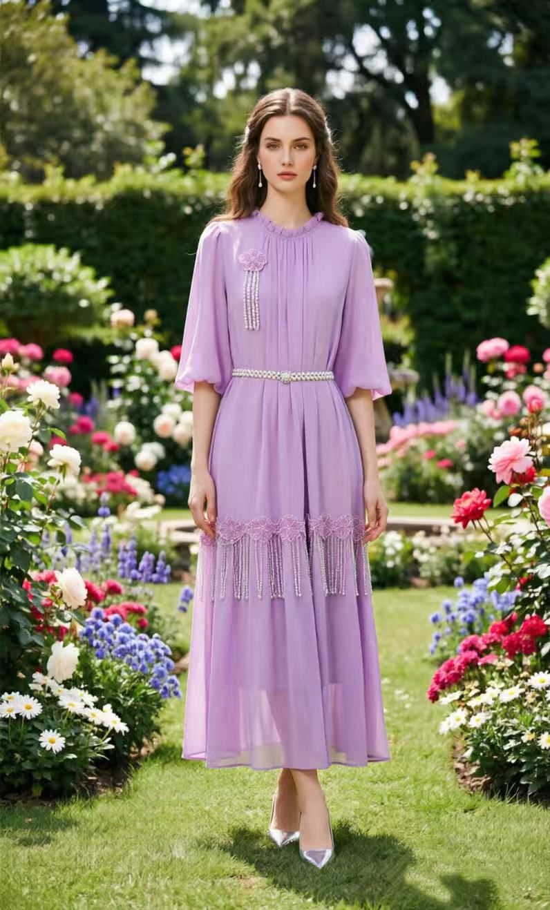 French retro brick inlaid heavy industry handmade bead three-dimensional flower loose temperament tassel long skirt French retro brick inlaid heavy industry handmade bead three-dimensional flower loose temperament tassel long skirt