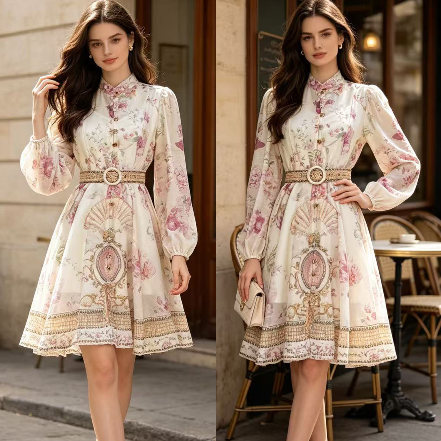 Australian new elegant retro positioning printed stand up collar single breasted waist slimming dress short skirt umbrella skirt Australian new elegant retro positioning printed stand up collar single breasted waist slimming dress short skirt umbrella skirt