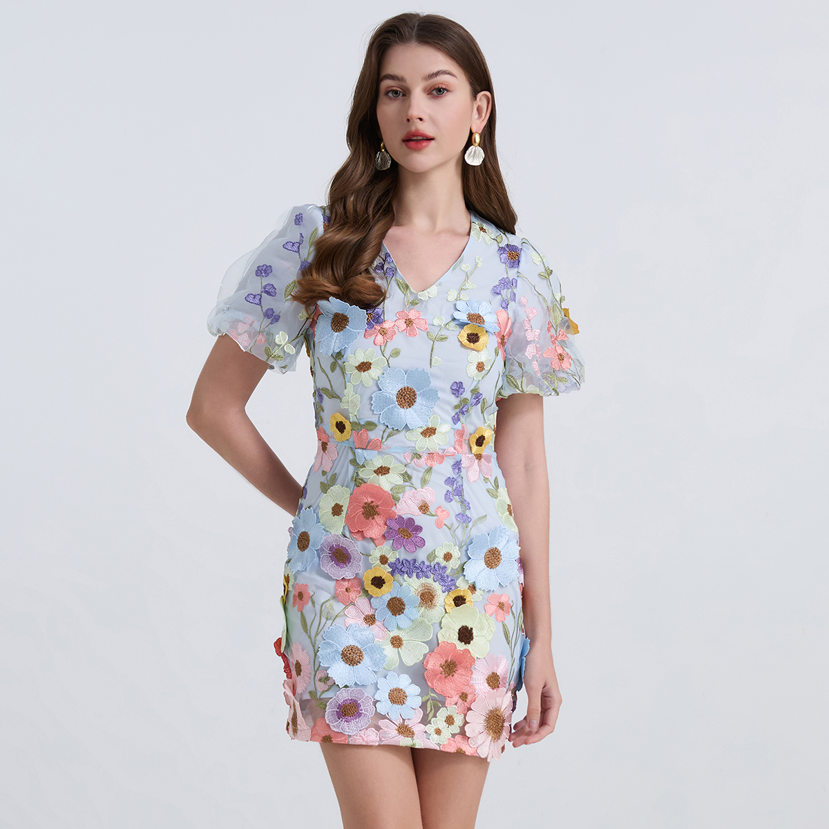 Real shot 773 # Heavy Industry Embroidered 3D Stickers Summer Elegant Bubble Sleeve Dress V-neck Small Dress Real shot 773 # Heavy Industry Embroidered 3D Stickers Summer Elegant Bubble Sleeve Dress V-neck Small Dress