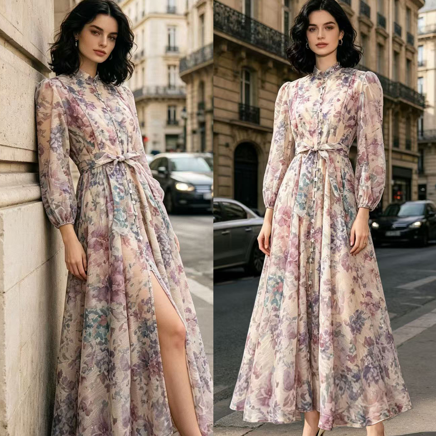 Australian retro print stand up collar lantern sleeves long sleeves heavy studded diamonds elegant socialite temperament two-piece dress long