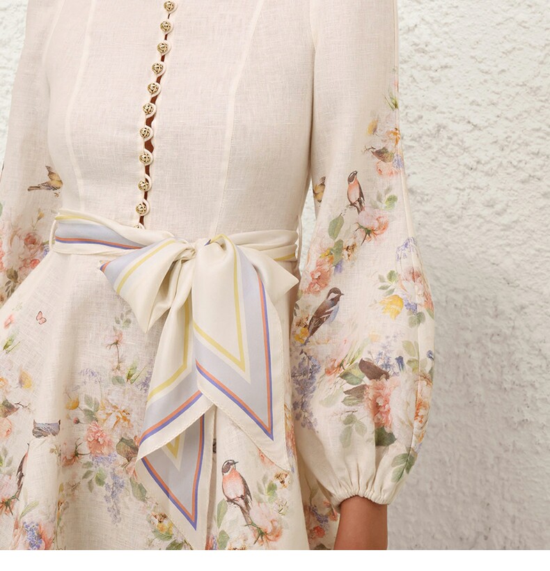 Australian Z family early autumn black floral lantern long sleeved stand collar linen lace up shirt jumpsuit medium long dress Australian Z family early autumn black floral lantern long sleeved stand collar linen lace up shirt jumpsuit medium long dress