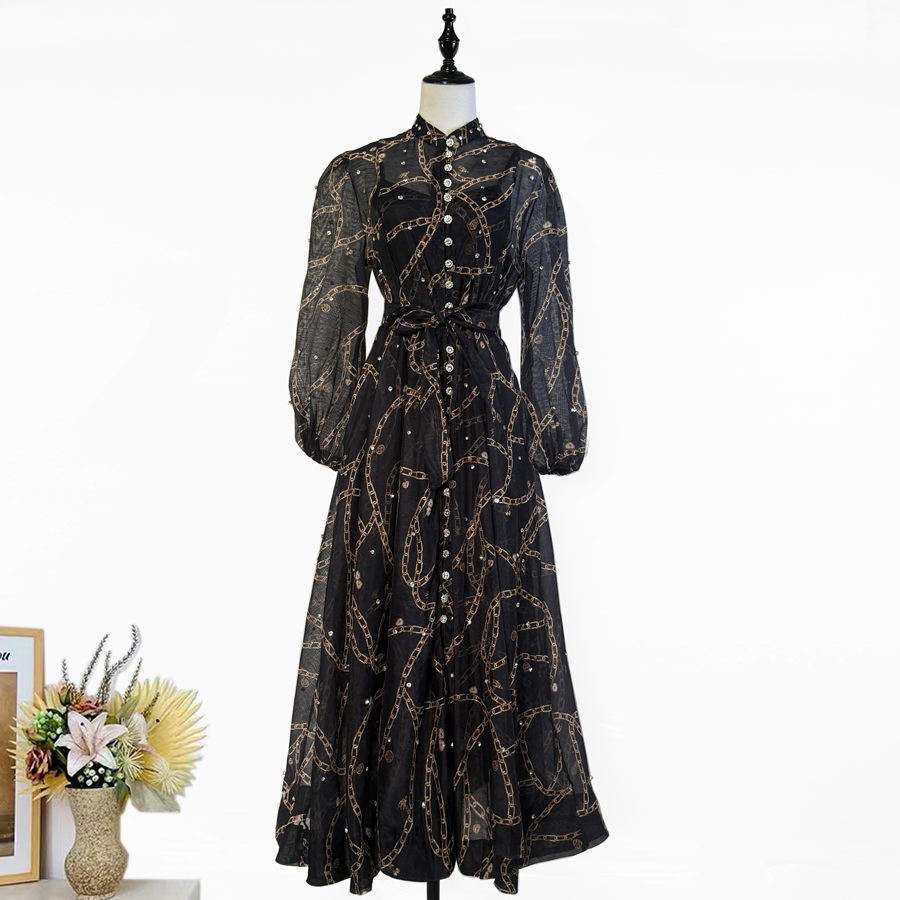 Australian retro print stand up collar lantern sleeves long sleeves heavy studded diamonds elegant socialite temperament two-piece dress long Australian retro print stand up collar lantern sleeves long sleeves heavy studded diamonds elegant socialite temperament two-piece dress long